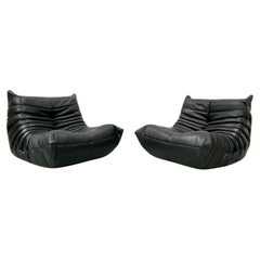 French Vintage Togo Chairs in Black Leather by Michel Ducaroy for Ligne Roset.