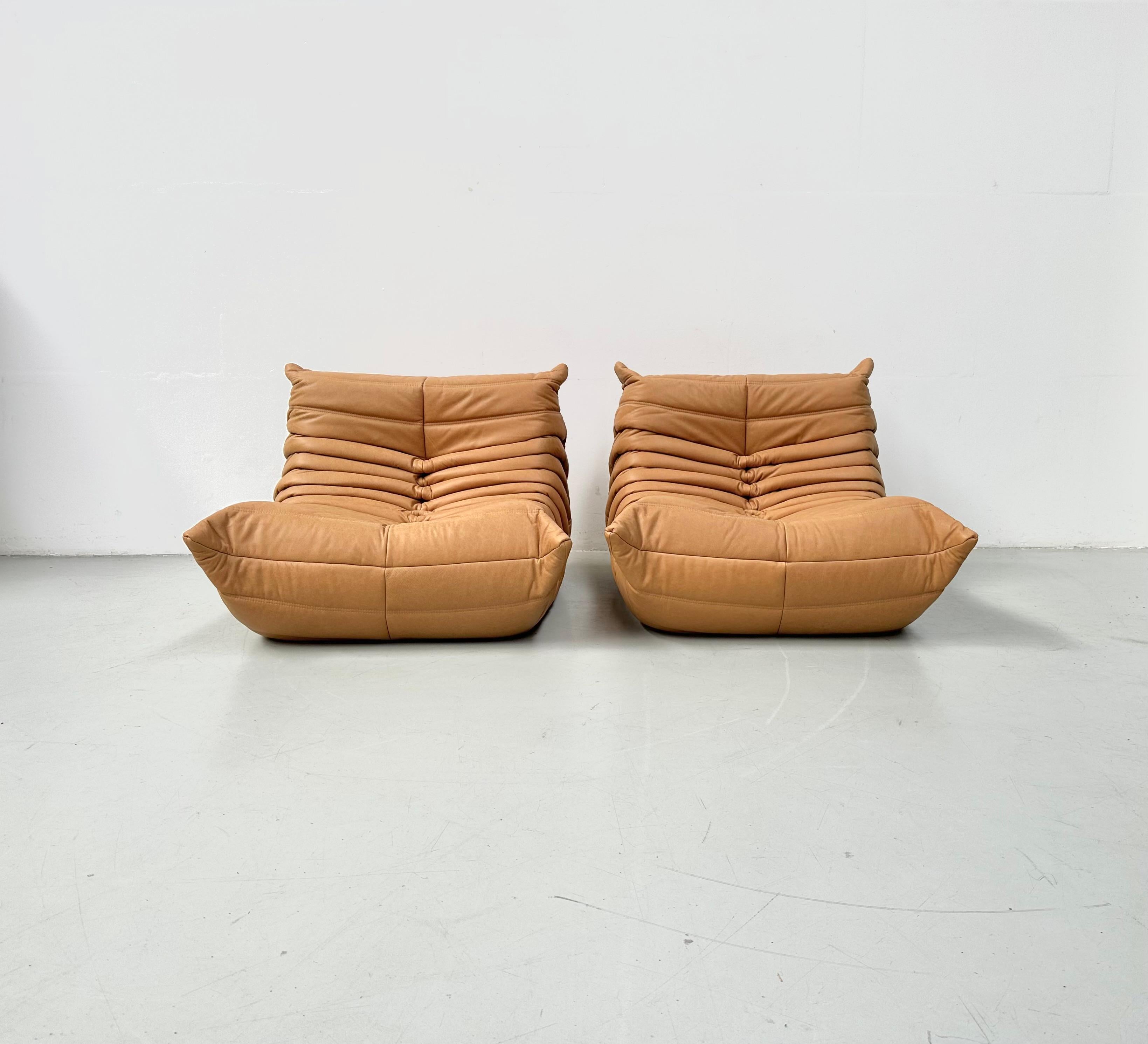 Mid-Century Modern French Togo Chairs in Camel Leather by Michel Ducaroy for Ligne Roset.
