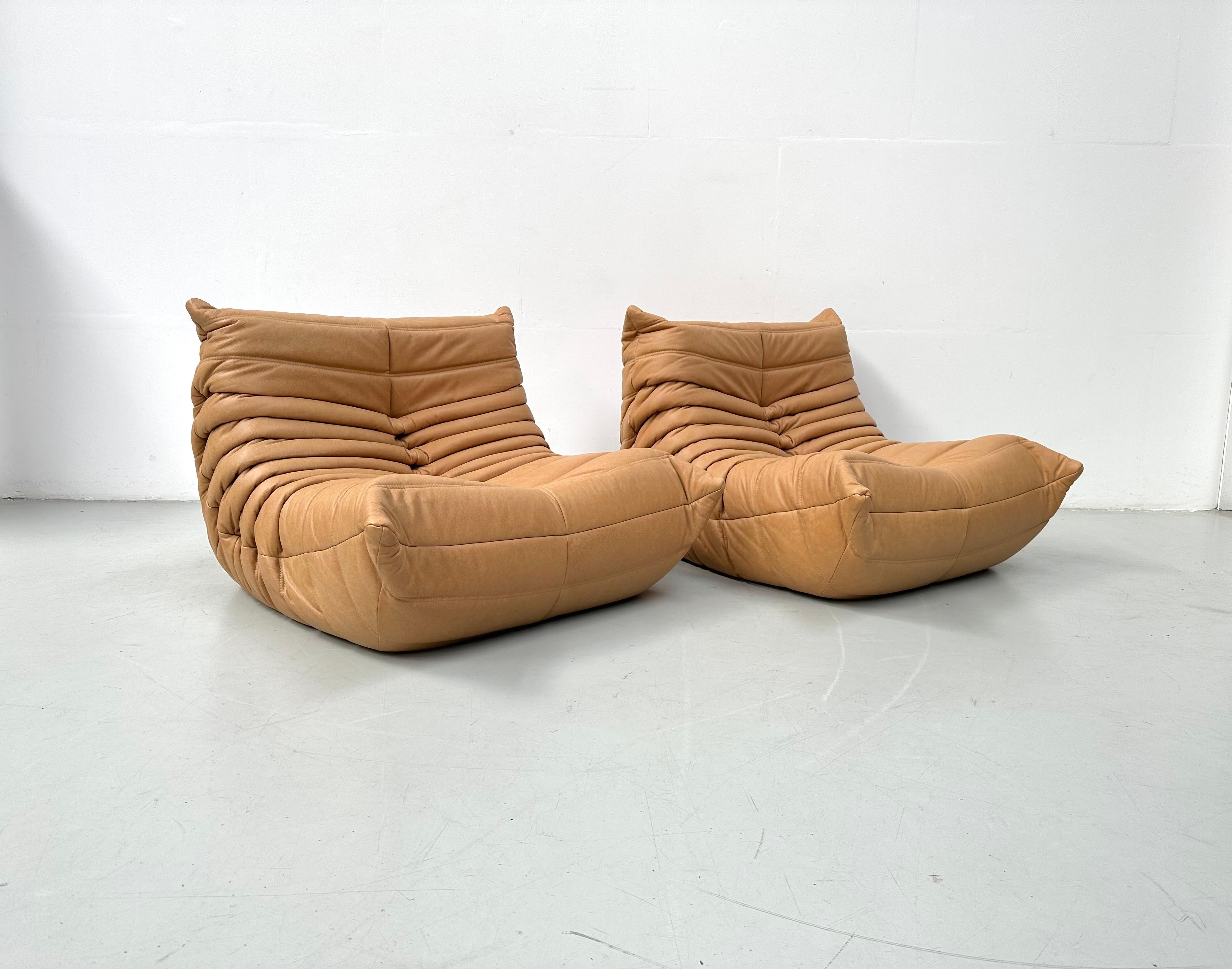 20th Century French Togo Chairs in Camel Leather by Michel Ducaroy for Ligne Roset.