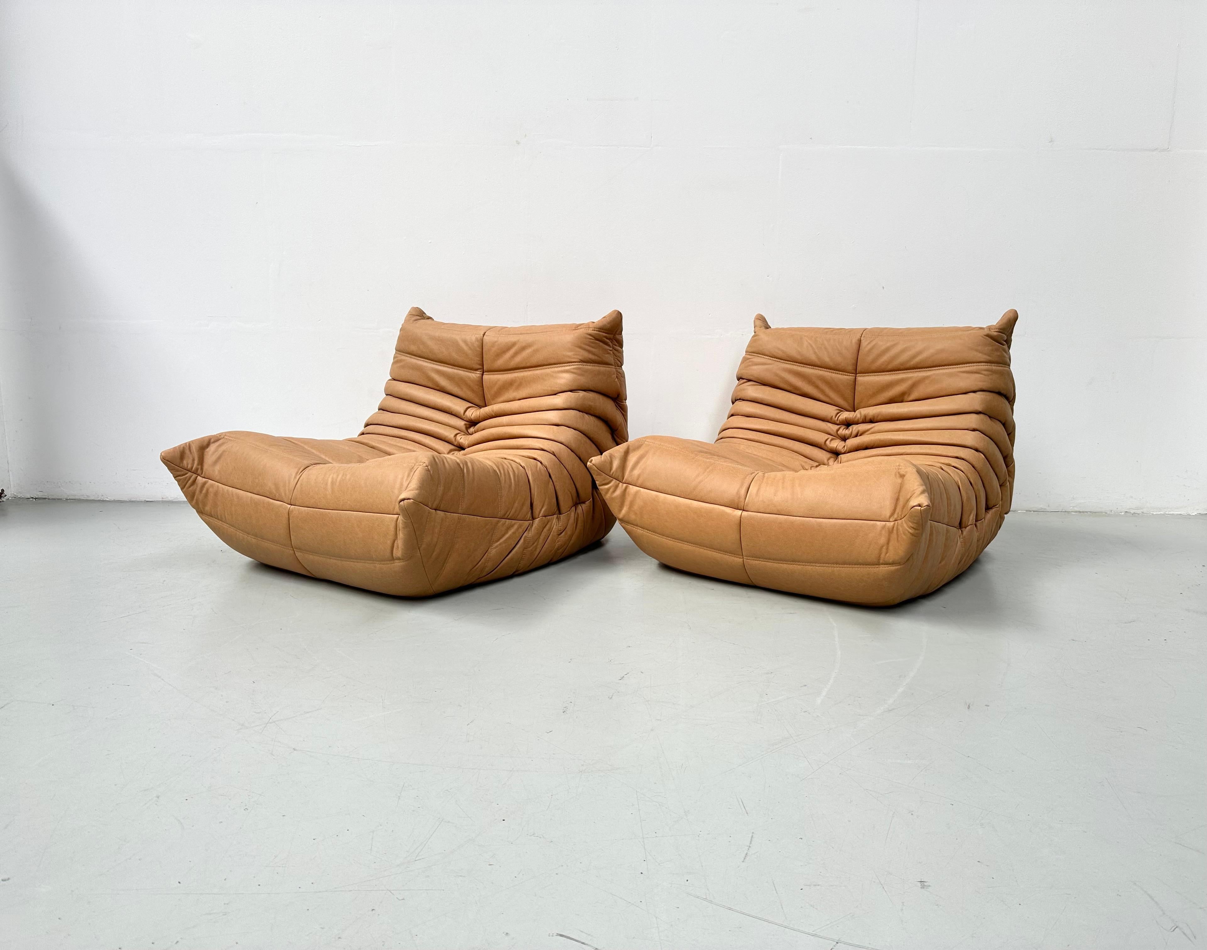 French Togo Chairs in Camel Leather by Michel Ducaroy for Ligne Roset. 1