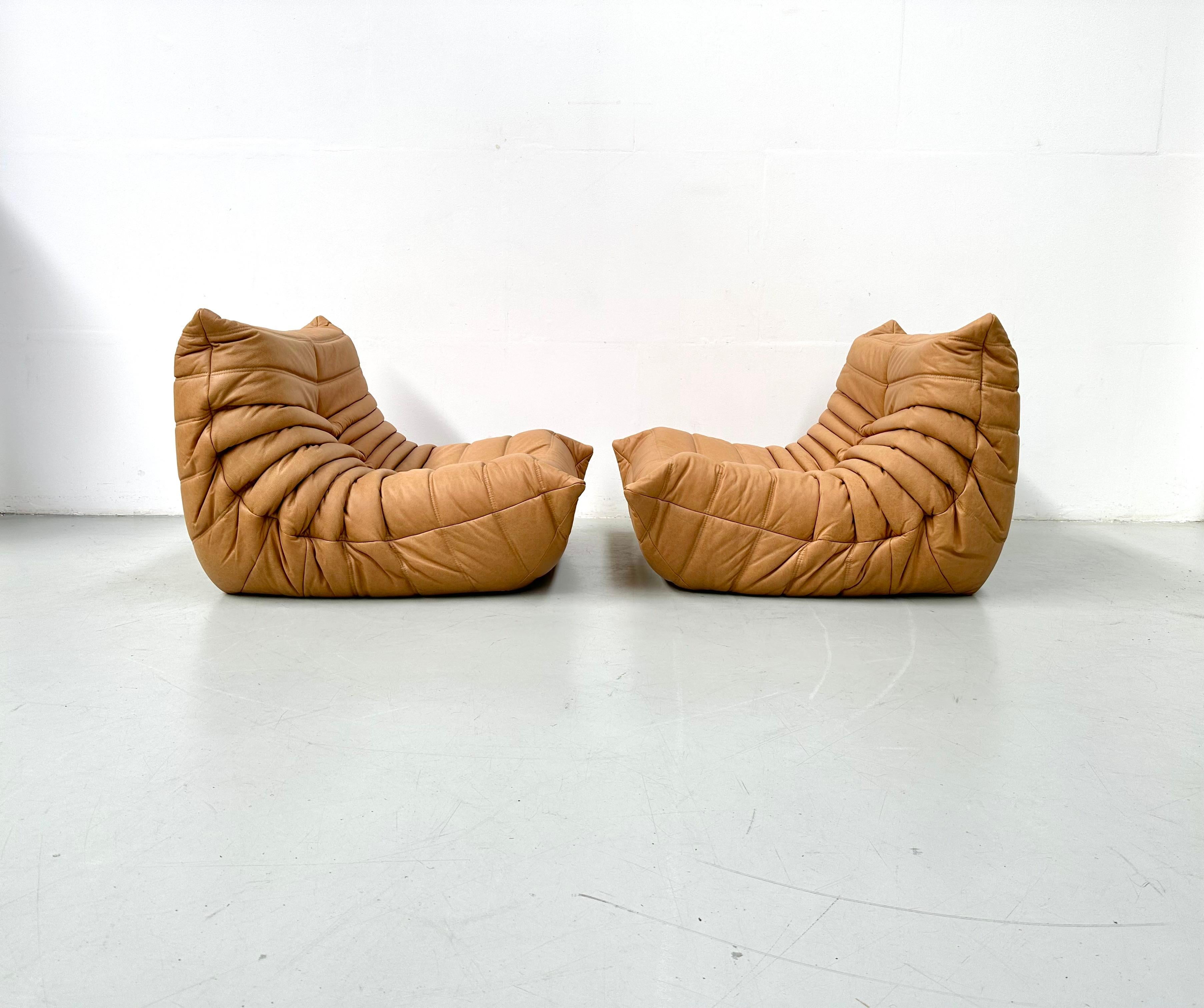 French Togo Chairs in Camel Leather by Michel Ducaroy for Ligne Roset. 3
