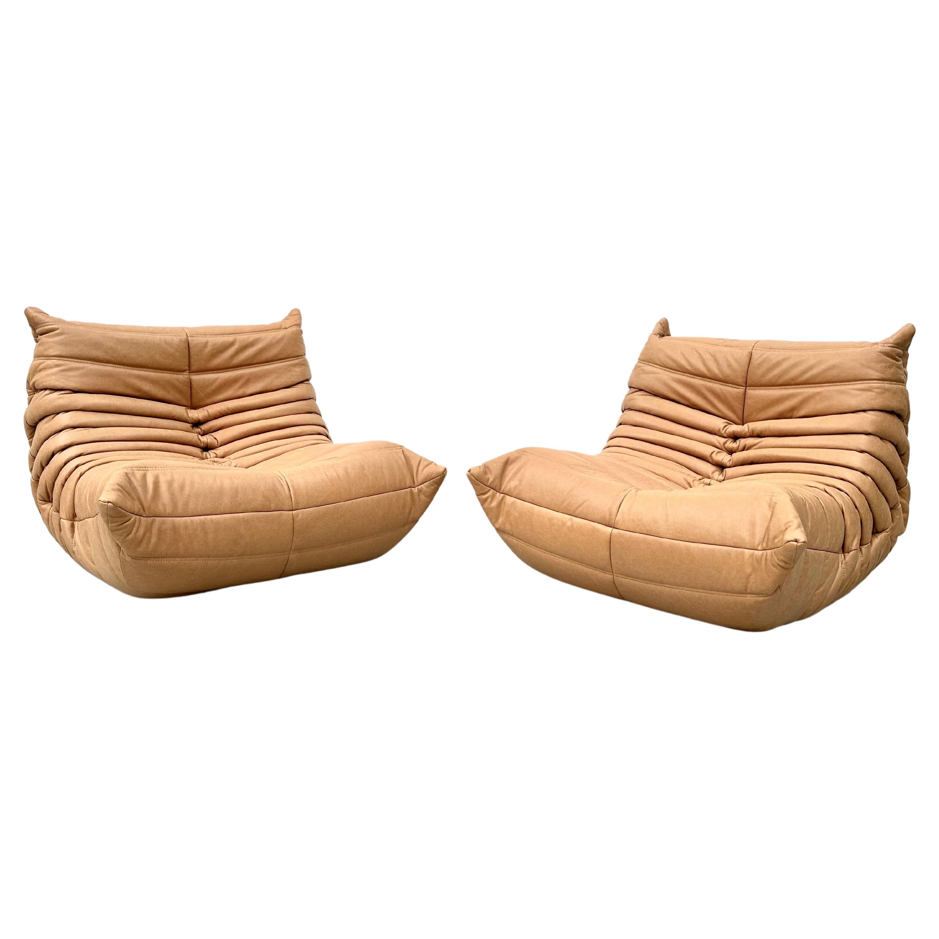 French Togo Chairs in Camel Leather by Michel Ducaroy for Ligne Roset.