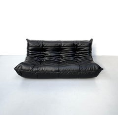 French Vintage Togo Sofa in Black Leather by Michel Ducaroy for Ligne Roset