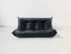 French Vintage Togo Sofa in Black Leather by Michel Ducaroy for Ligne Roset.