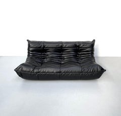French Vintage Togo Sofa in Black Leather by Michel Ducaroy for Ligne Roset.