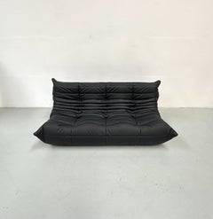 French Vintage Togo Sofa in Black Leather by Michel Ducaroy for Ligne Roset.