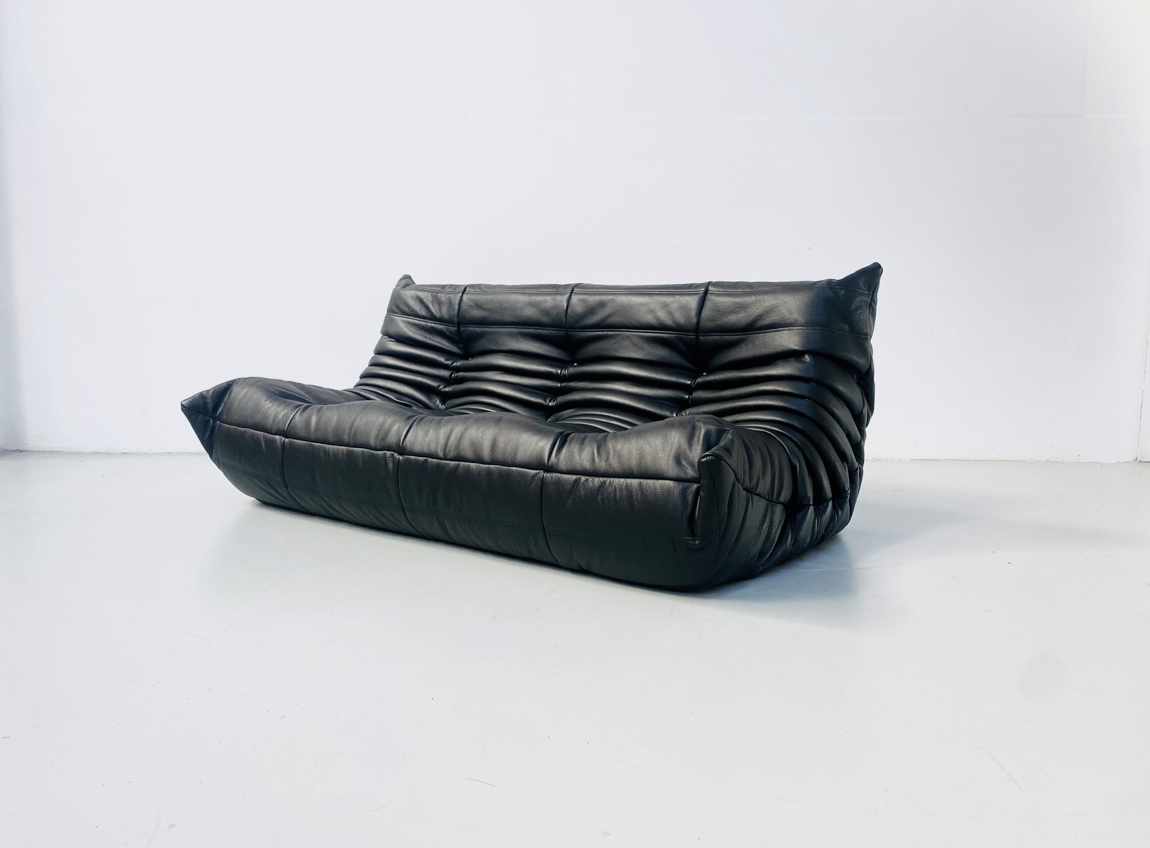 Divano francese vintage Togo in pelle nera di Michel Ducaroy per Ligne Roset In condizioni ottime a Eindhoven, Noord Brabant