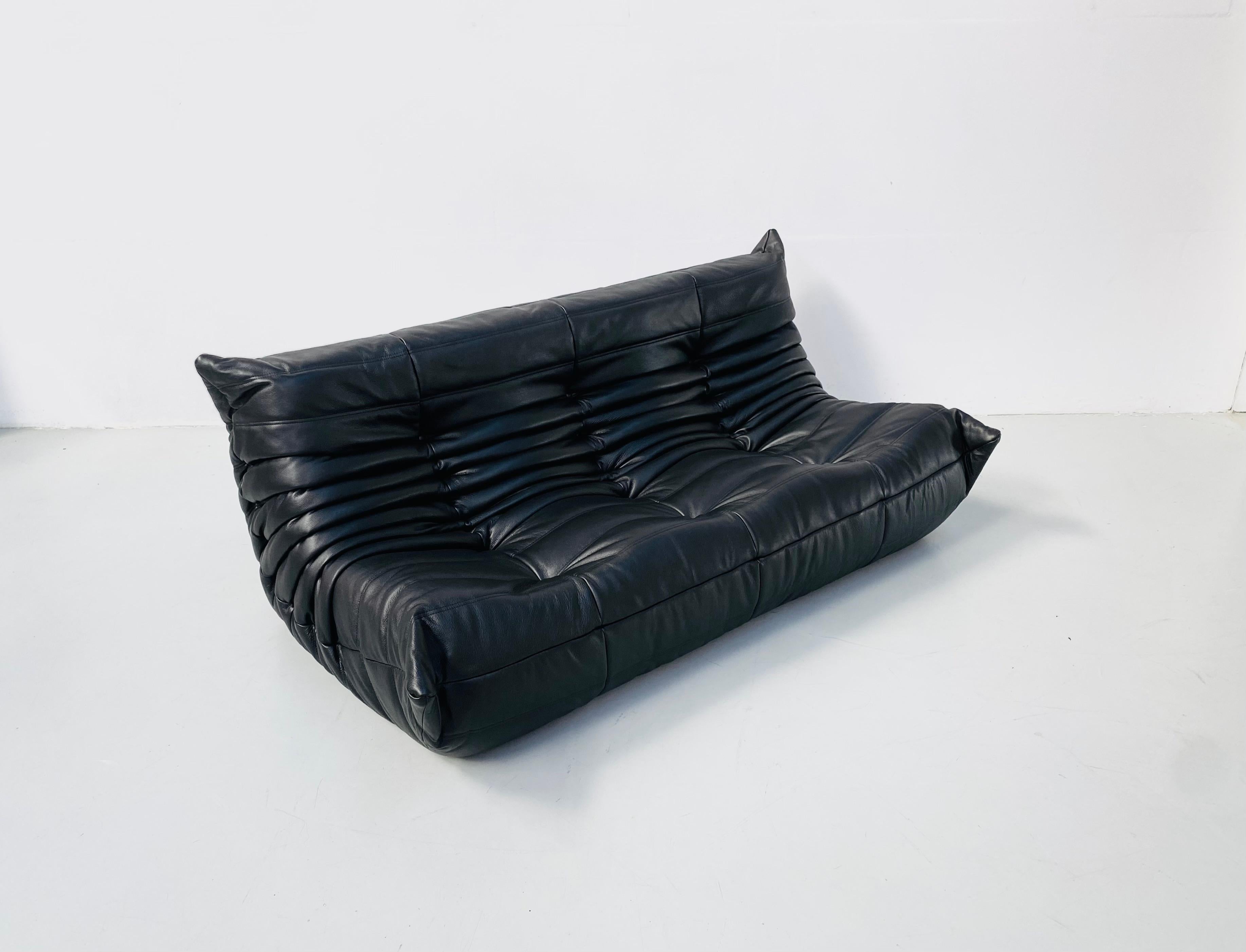French Vintage Togo Sofa in Black Leather by Michel Ducaroy for Ligne Roset 1