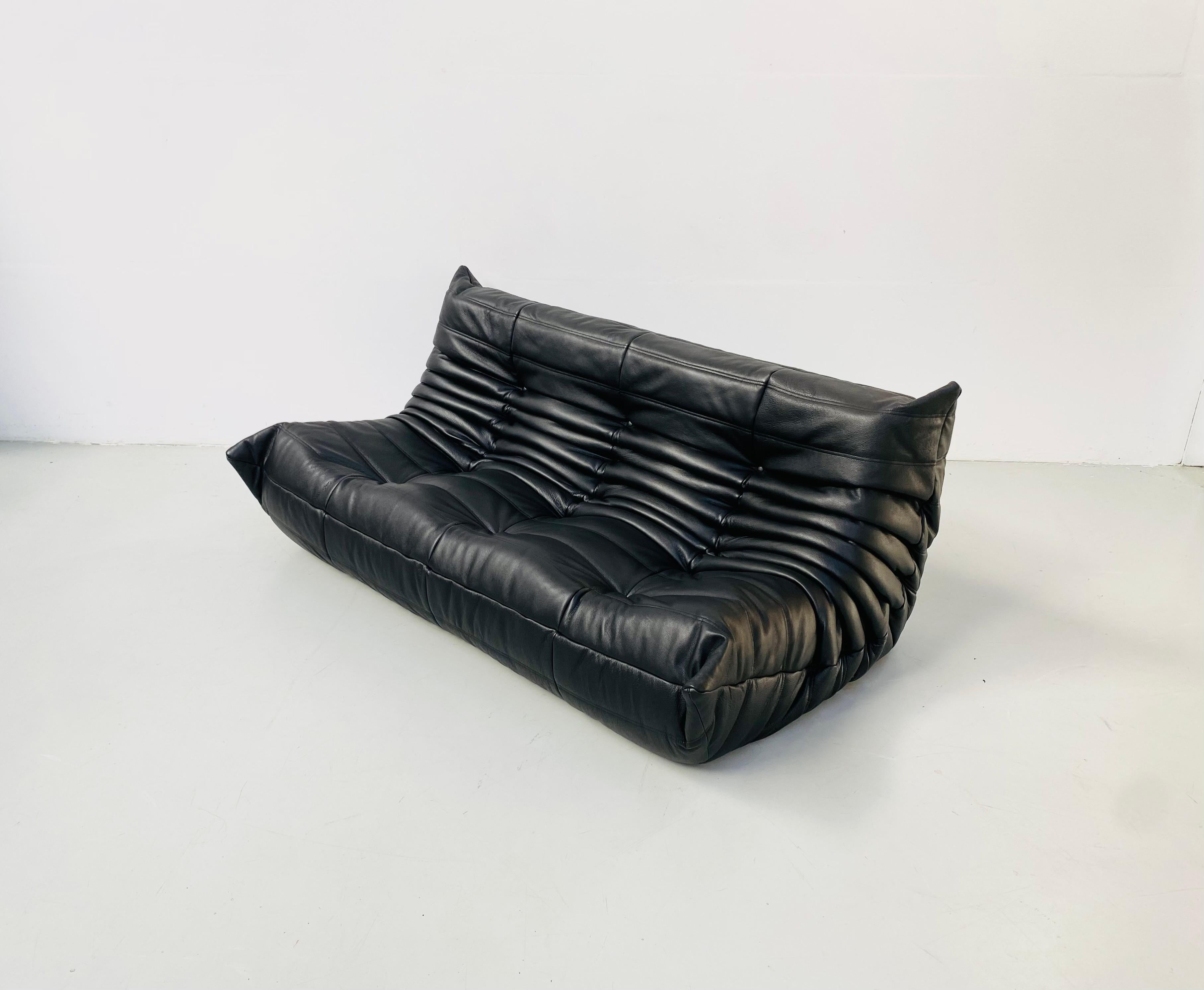 French Vintage Togo Sofa in Black Leather by Michel Ducaroy for Ligne Roset 2