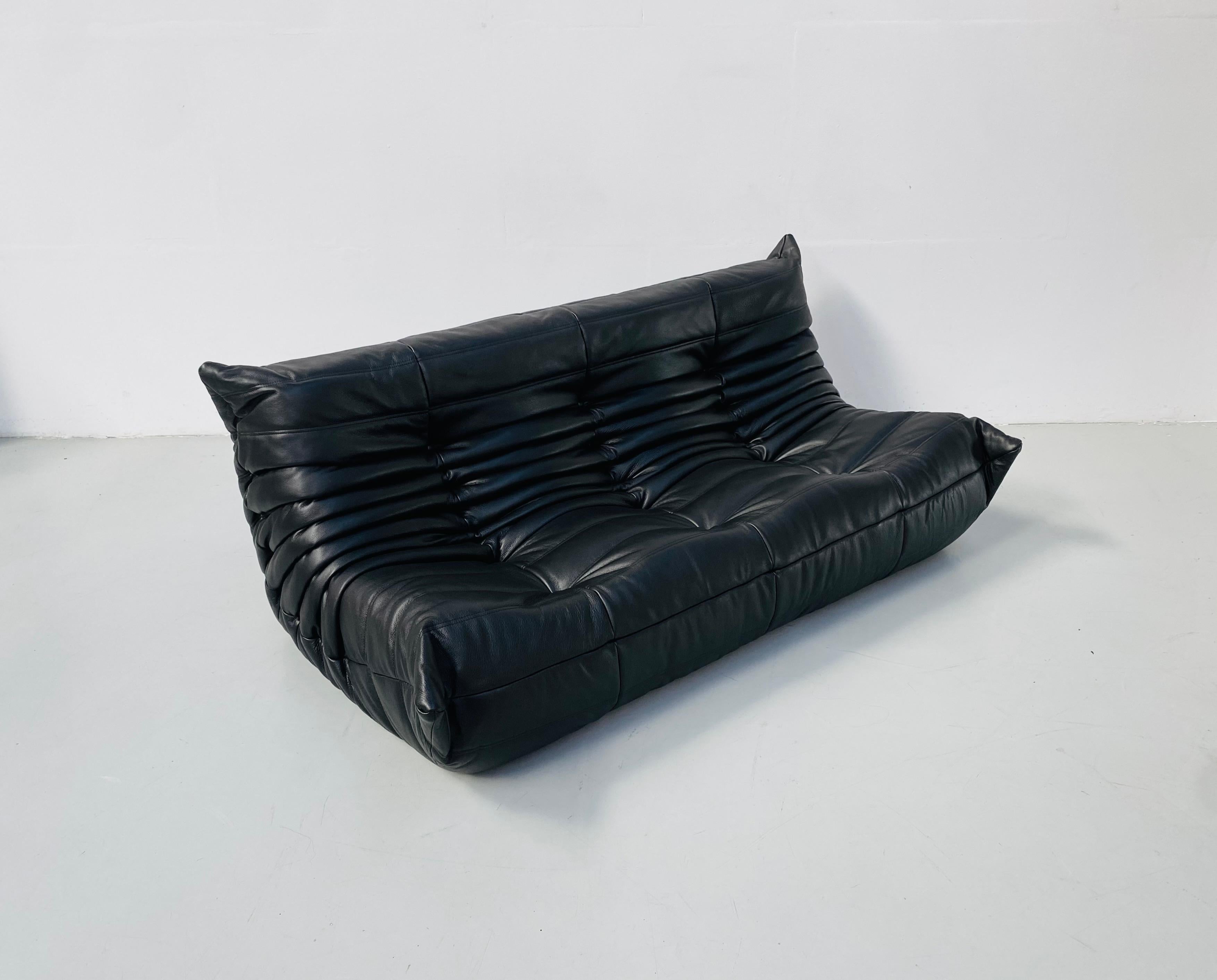 French Togo Sofa in Black Leather by Michel Ducaroy for Ligne Roset. For Sale 1