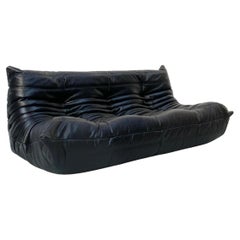 French Vintage Togo Sofa in Black Leather by Michel Ducaroy for Ligne Roset