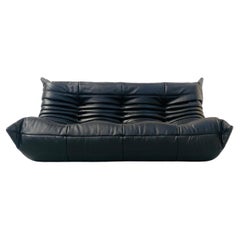 Sofá francés vintage Togo de cuero negro de Michel Ducaroy para Ligne Roset