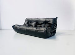 French Vintage Togo Sofa in Black Leather by Michel Ducaroy for Ligne Roset
