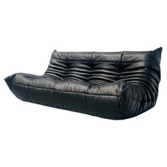 French Vintage Togo Sofa in Black Leather by Michel Ducaroy for Ligne Roset.