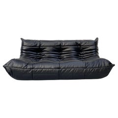 French Vintage Togo Sofa in Black Leather by Michel Ducaroy for Ligne Roset.