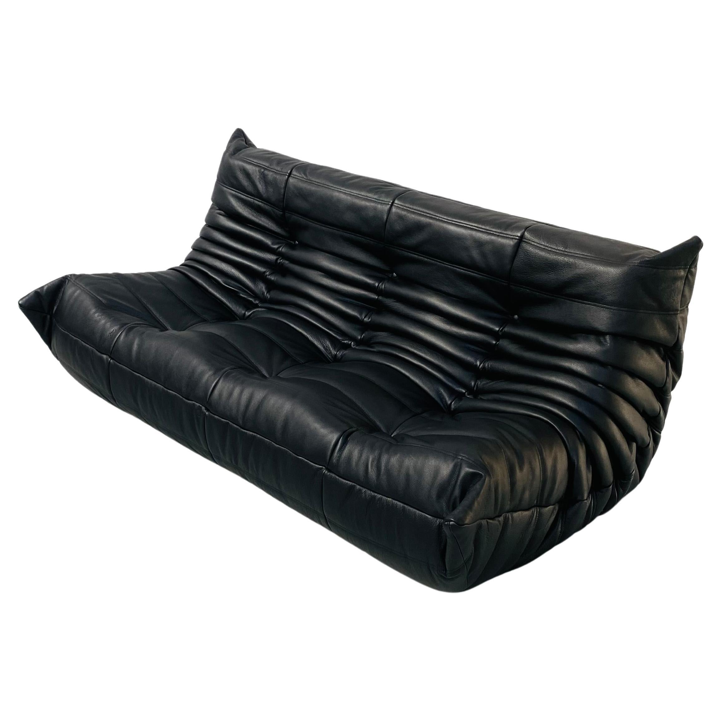 French Togo Sofa in Black Leather by Michel Ducaroy for Ligne Roset. For Sale