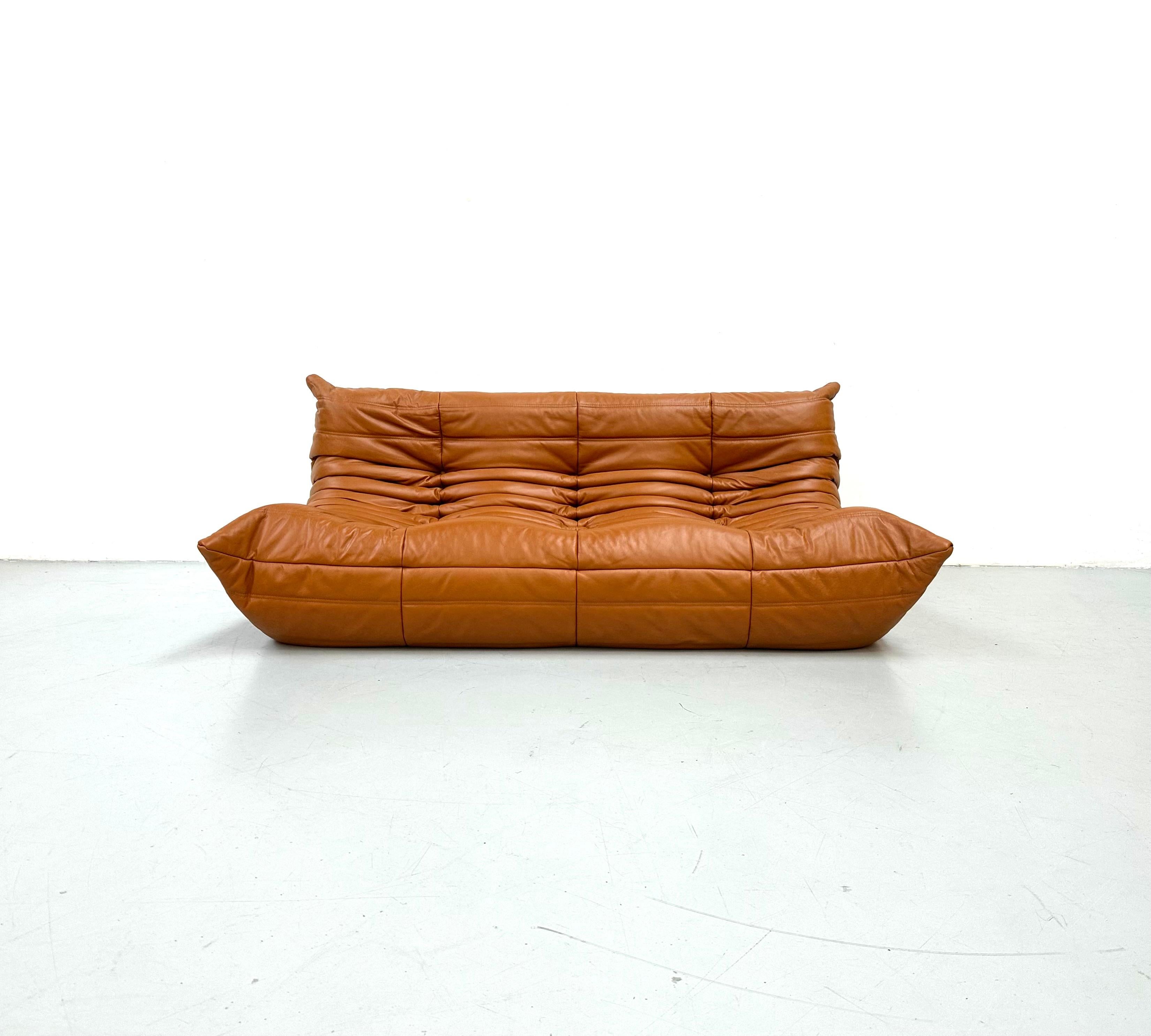 The Togo was designed by Michel Ducaroy in 1973.  It is the first sofa/chair ever made only of foam and leather. Manufactured by Ligne Roset in France. The Togo collection features an ergonomic design with polyether foam construction and padded