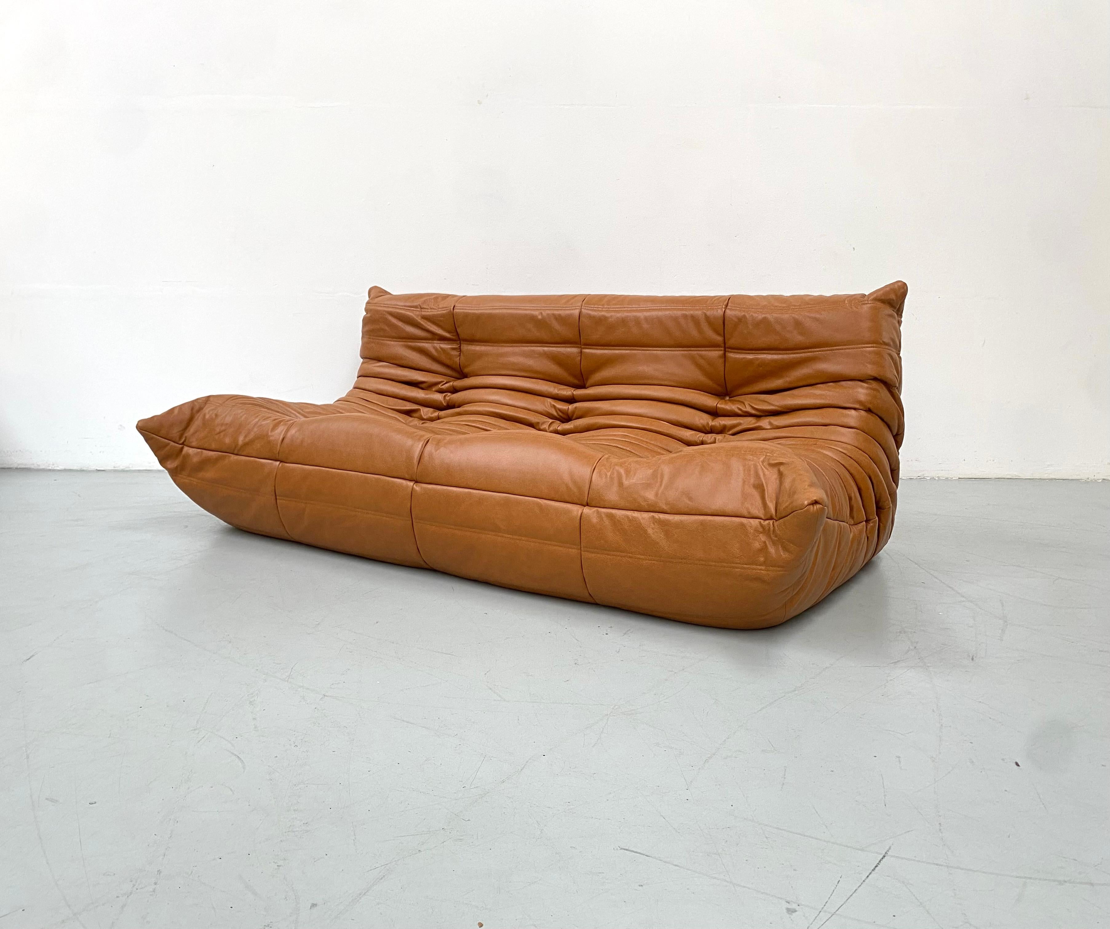 Mid-Century Modern French Vintage Togo Sofa in Brown Leather by Michel Ducaroy for Ligne Roset. For Sale