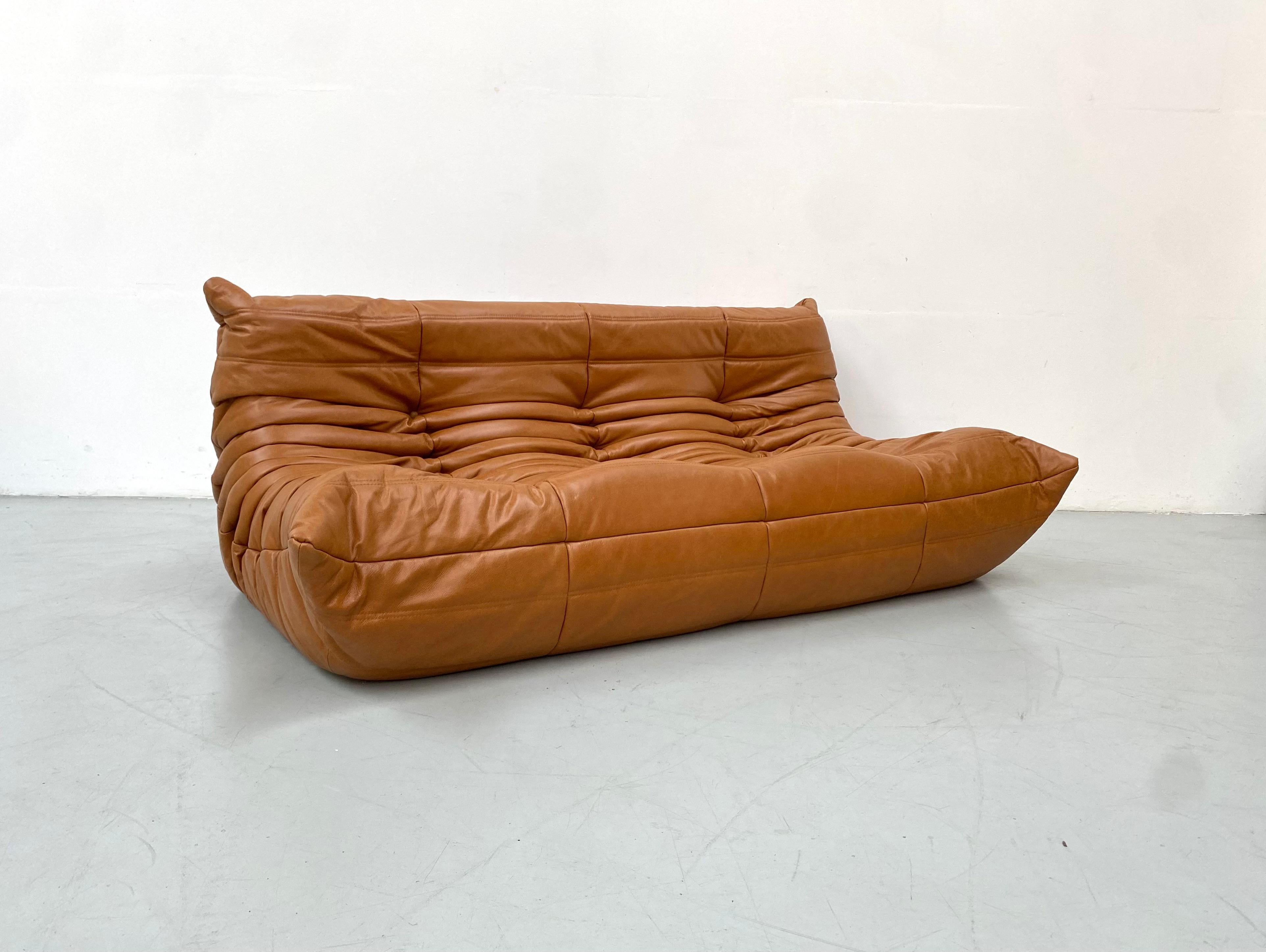 Mid-Century Modern French Vintage Togo Sofa in Brown Leather by Michel Ducaroy for Ligne Roset.