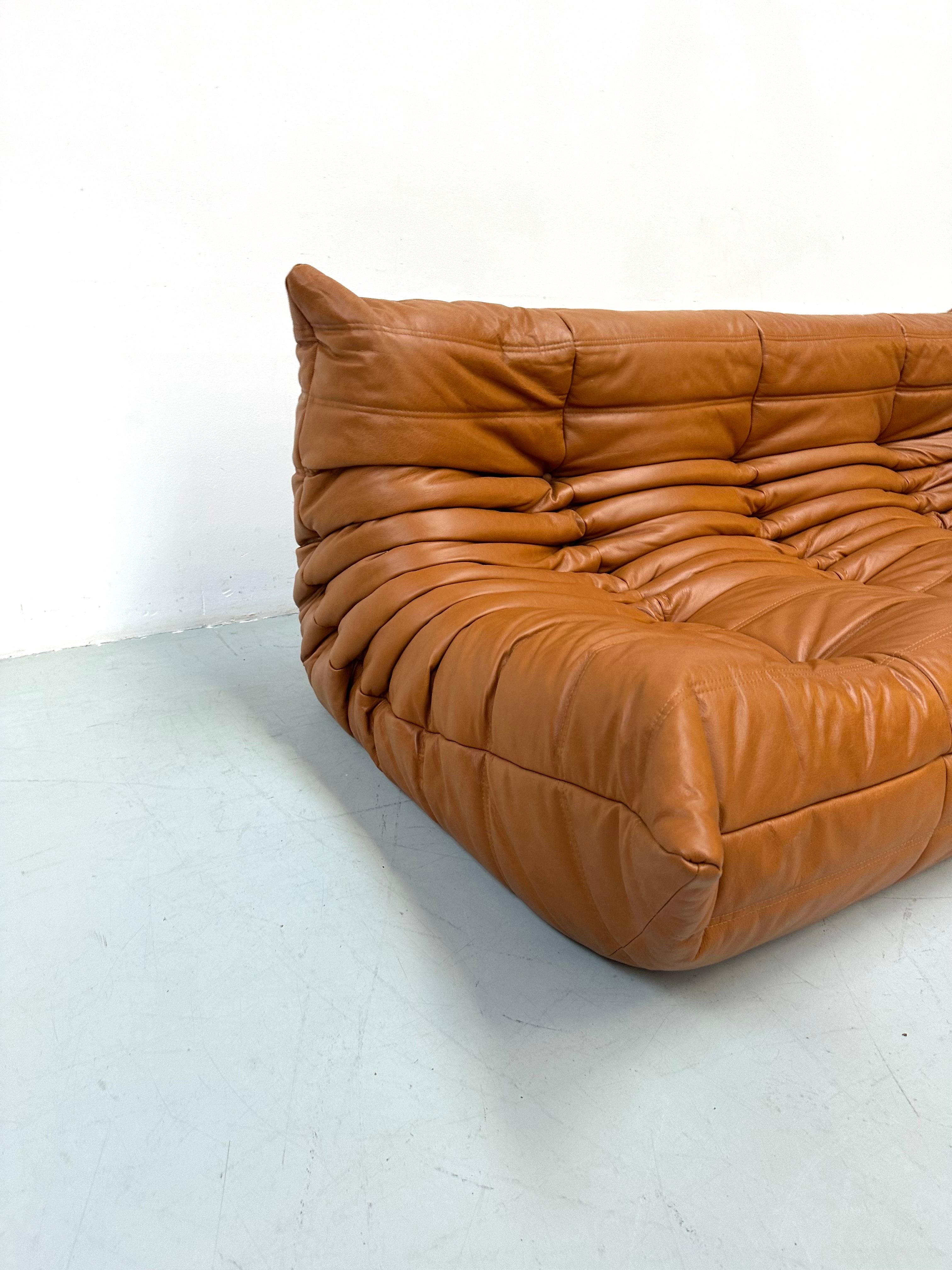 Mid-Century Modern French Vintage Togo Sofa in Brown Leather by Michel Ducaroy for Ligne Roset.