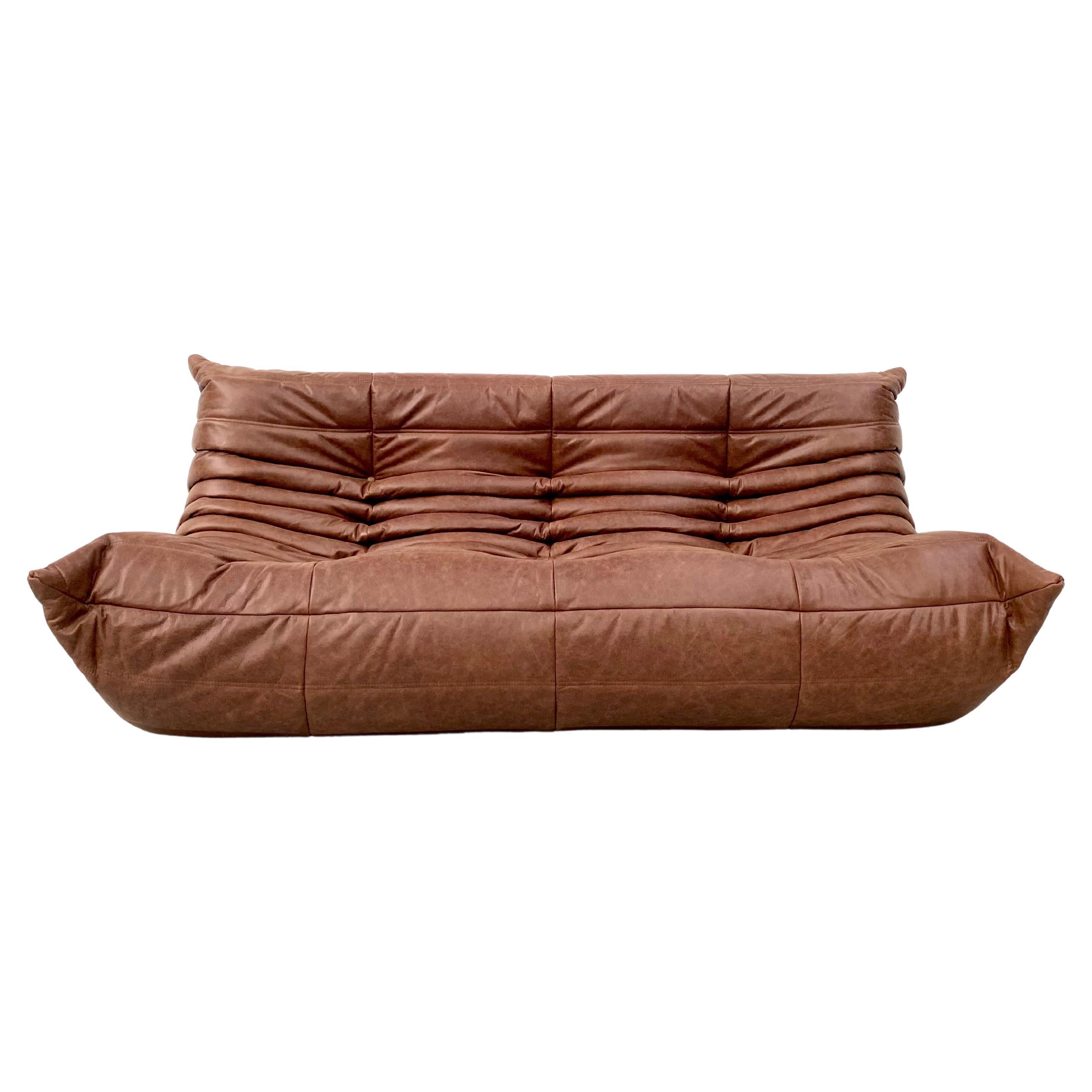 French Vintage Togo Sofa in Brown Leather by Michel Ducaroy for Ligne Roset.