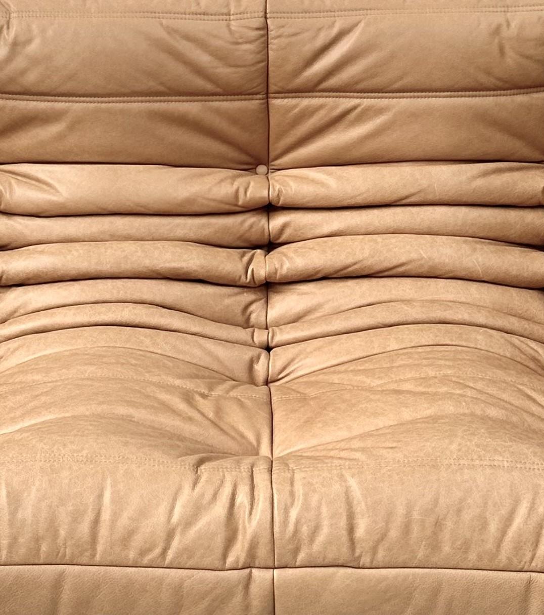 Mid-Century Modern French Vintage Togo Sofa in Camel Leather by Michel Ducaroy for Ligne Roset.