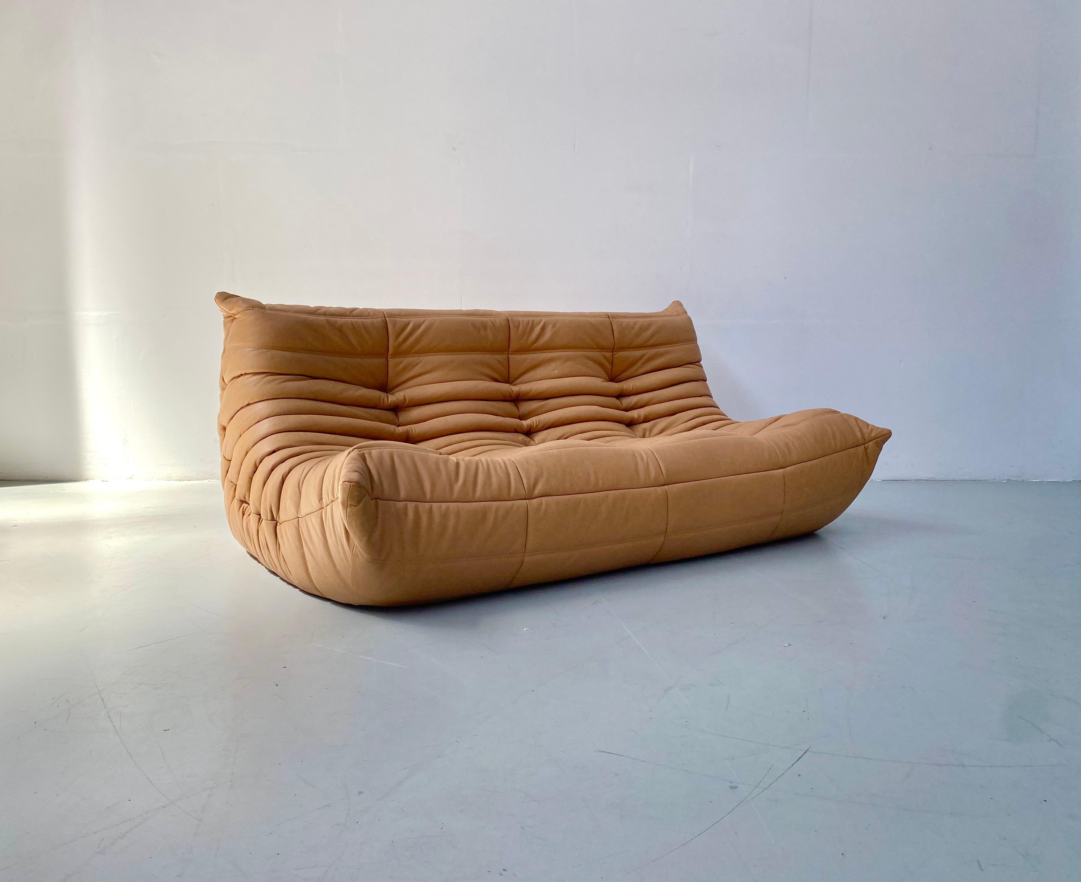 Mid-Century Modern French Vintage Togo Sofa in Camel Leather by Michel Ducaroy for Ligne Roset.