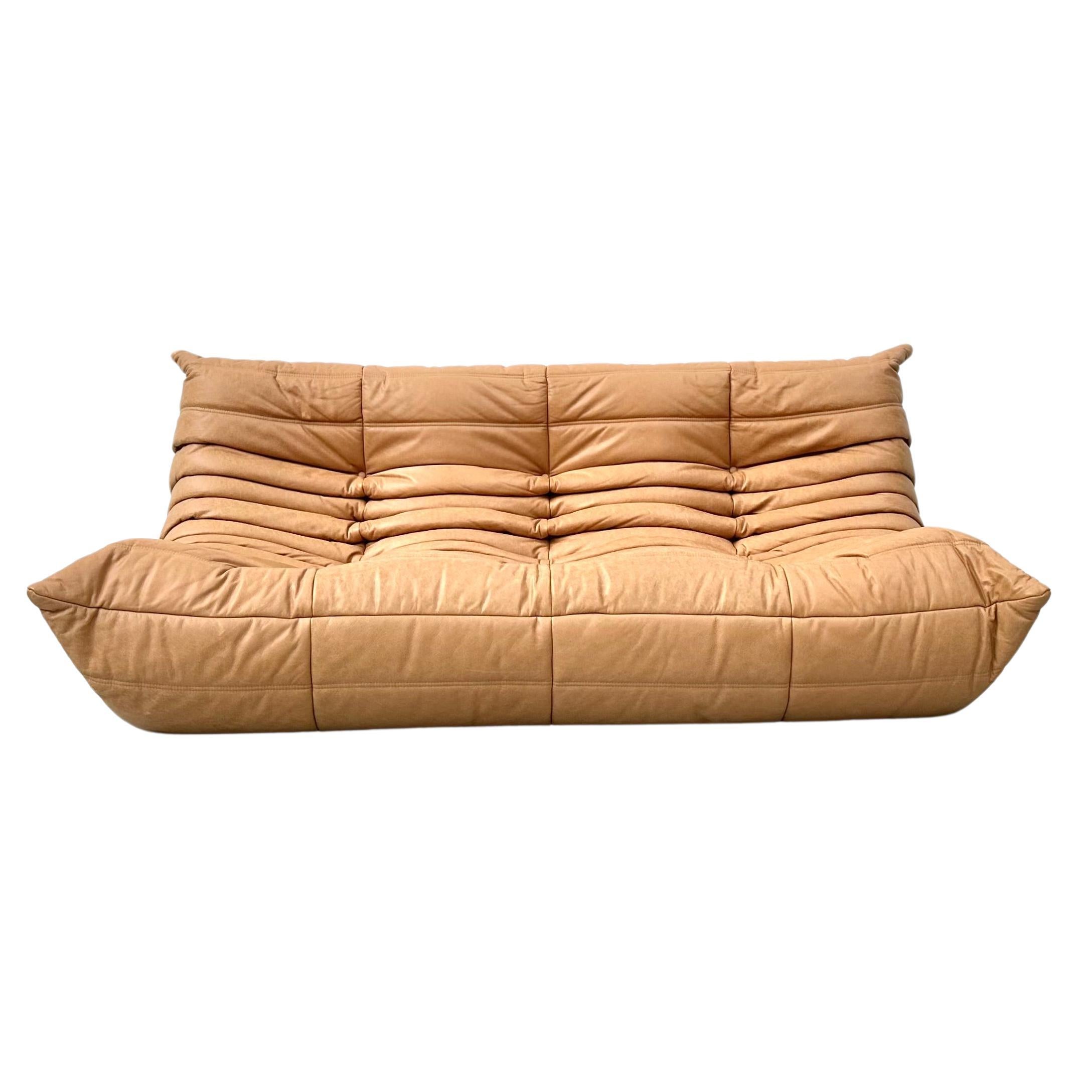 French Vintage Togo Sofa in Camel Leather by Michel Ducaroy for Ligne Roset.