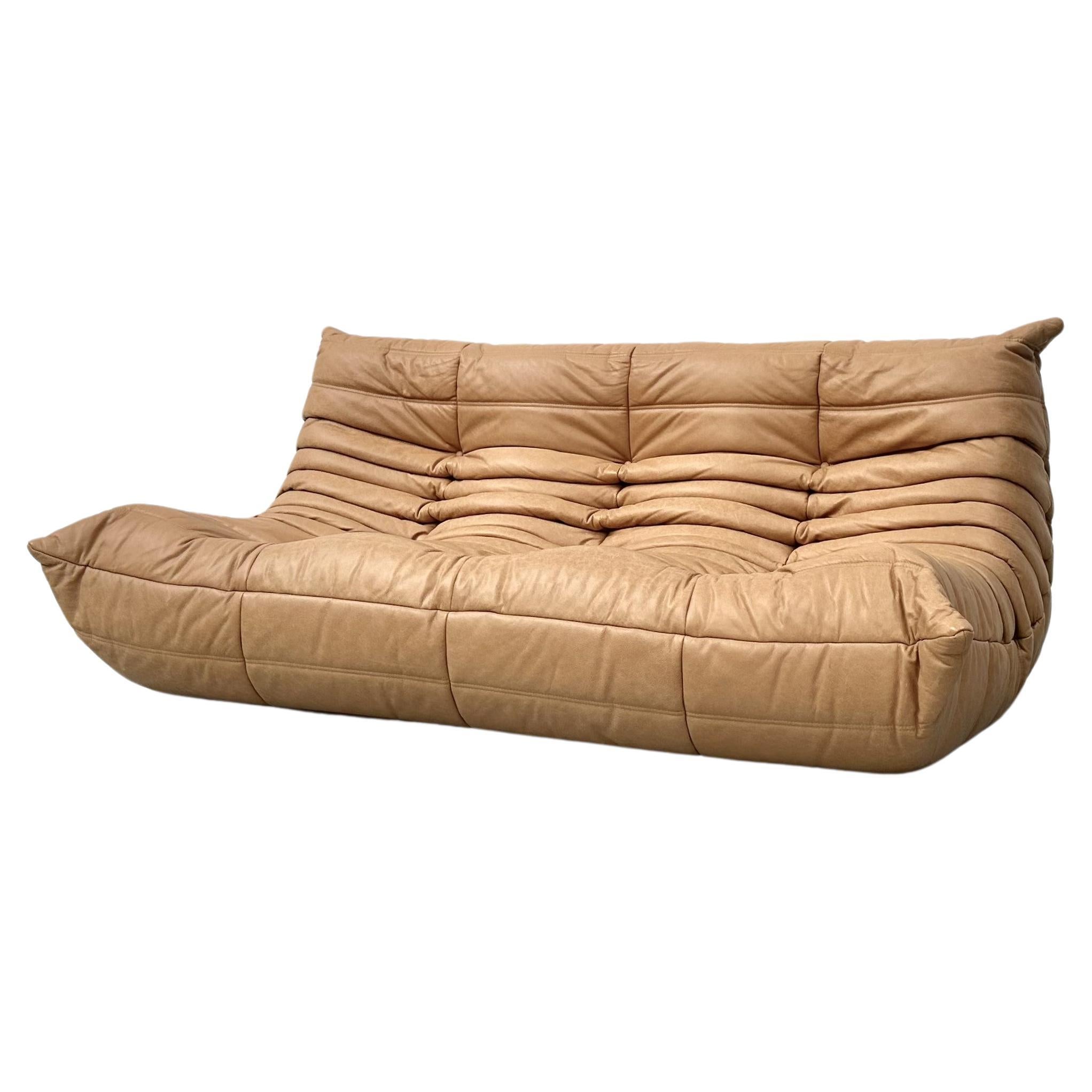 French Togo Sofa in Camel Leather by Michel Ducaroy for Ligne Roset.