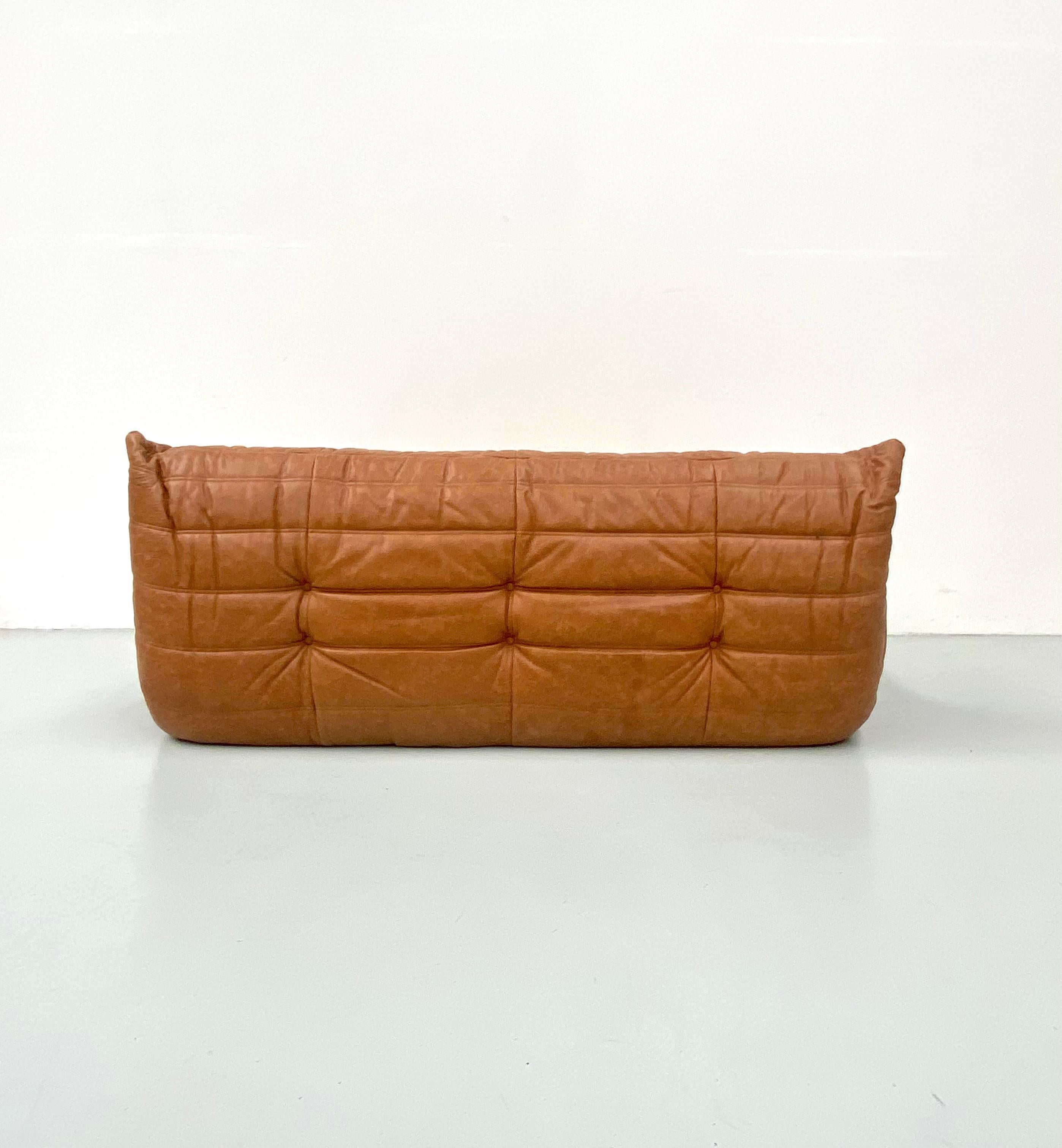 French Vintage Togo Sofa in Cognac Leather by Michel Ducaroy for Ligne Roset 4