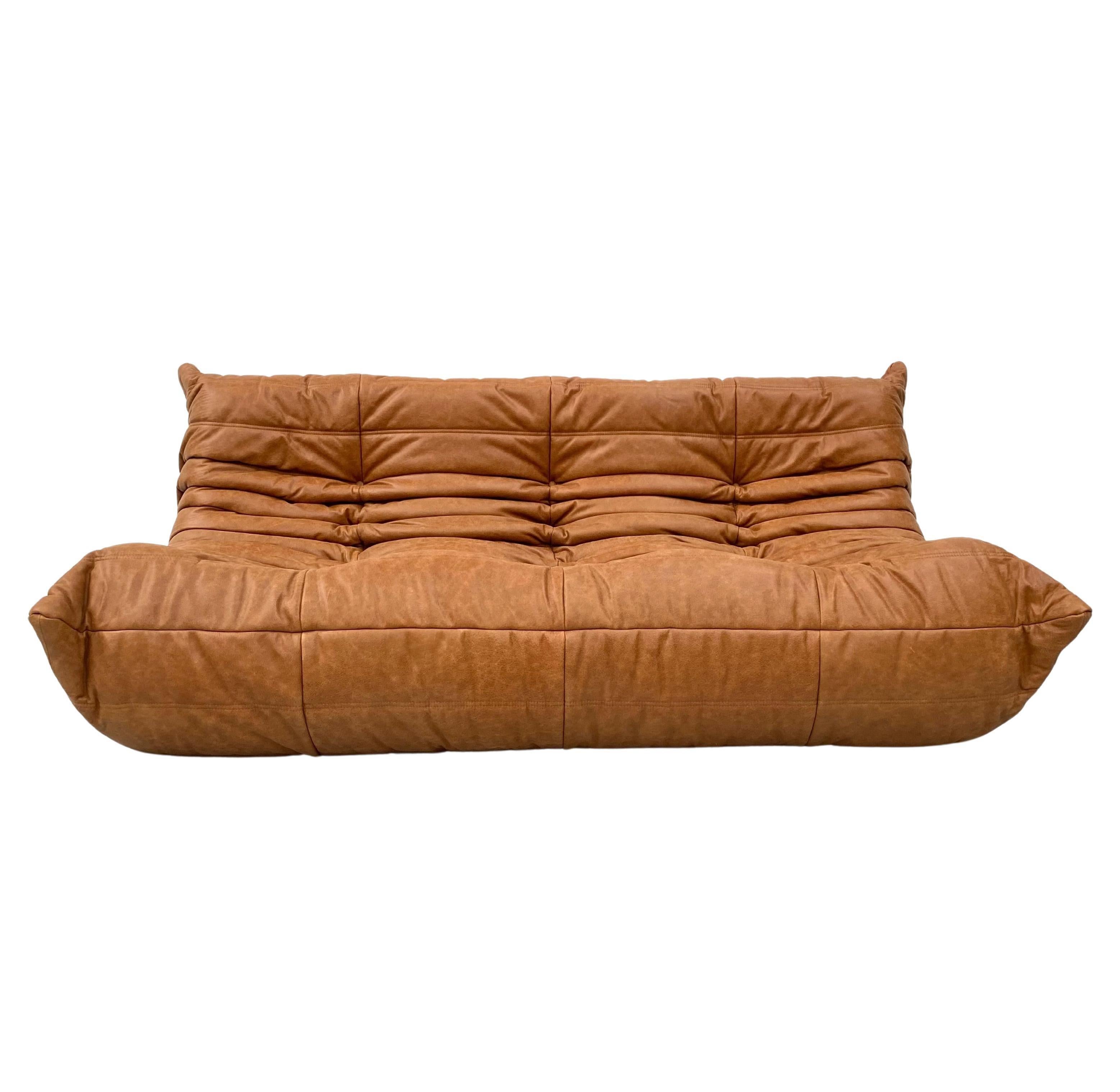 French Vintage Togo Sofa in Cognac Leather by Michel Ducaroy for Ligne Roset 2