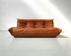 Sofá Togo Vintage Francés en Piel Coñac de Michel Ducaroy para Ligne Roset