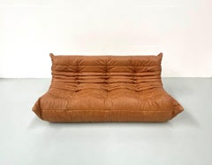 Sofá Togo Vintage Francés en Piel Coñac de Michel Ducaroy para Ligne Roset