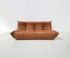 Sofá Togo Vintage Francés en Piel Coñac de Michel Ducaroy para Ligne Roset.
