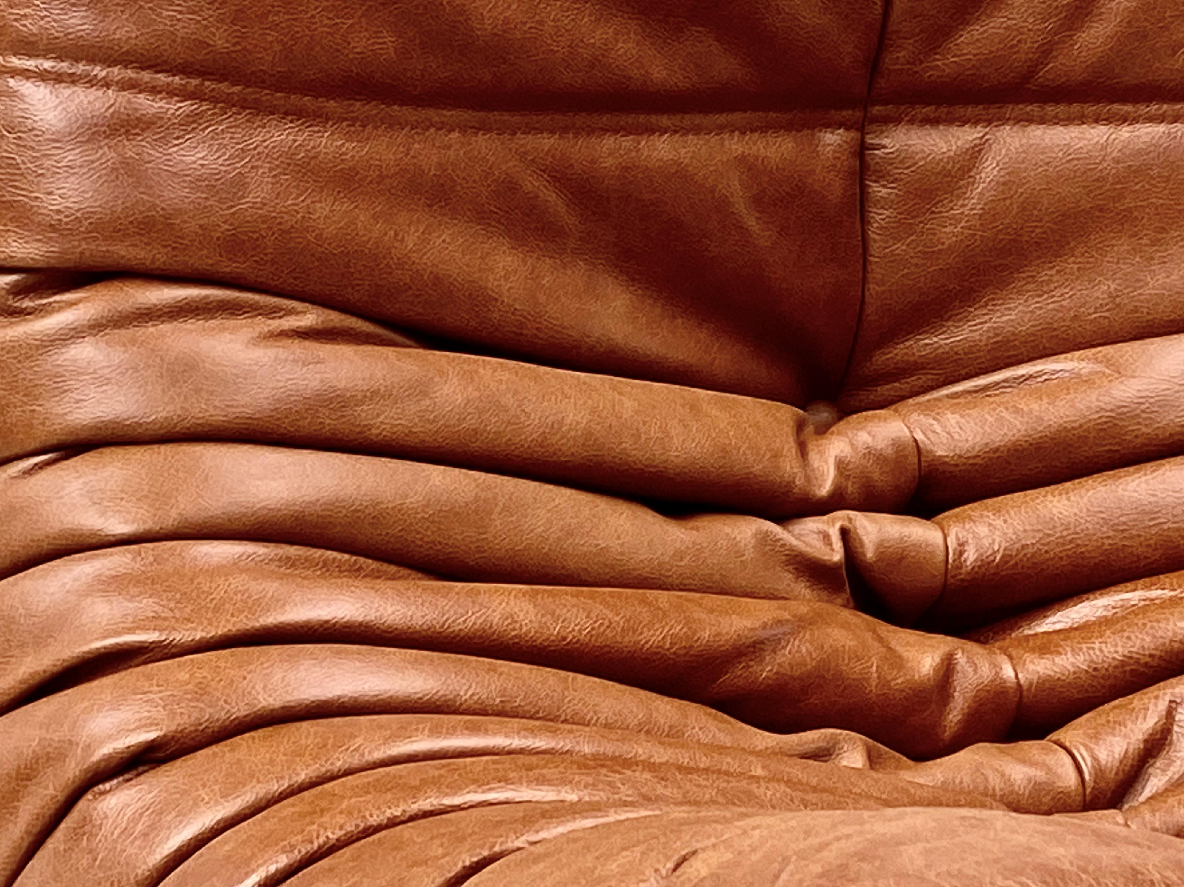 Mid-Century Modern French Vintage Togo Sofa in Cognac Leather by Michel Ducaroy for Ligne Roset.