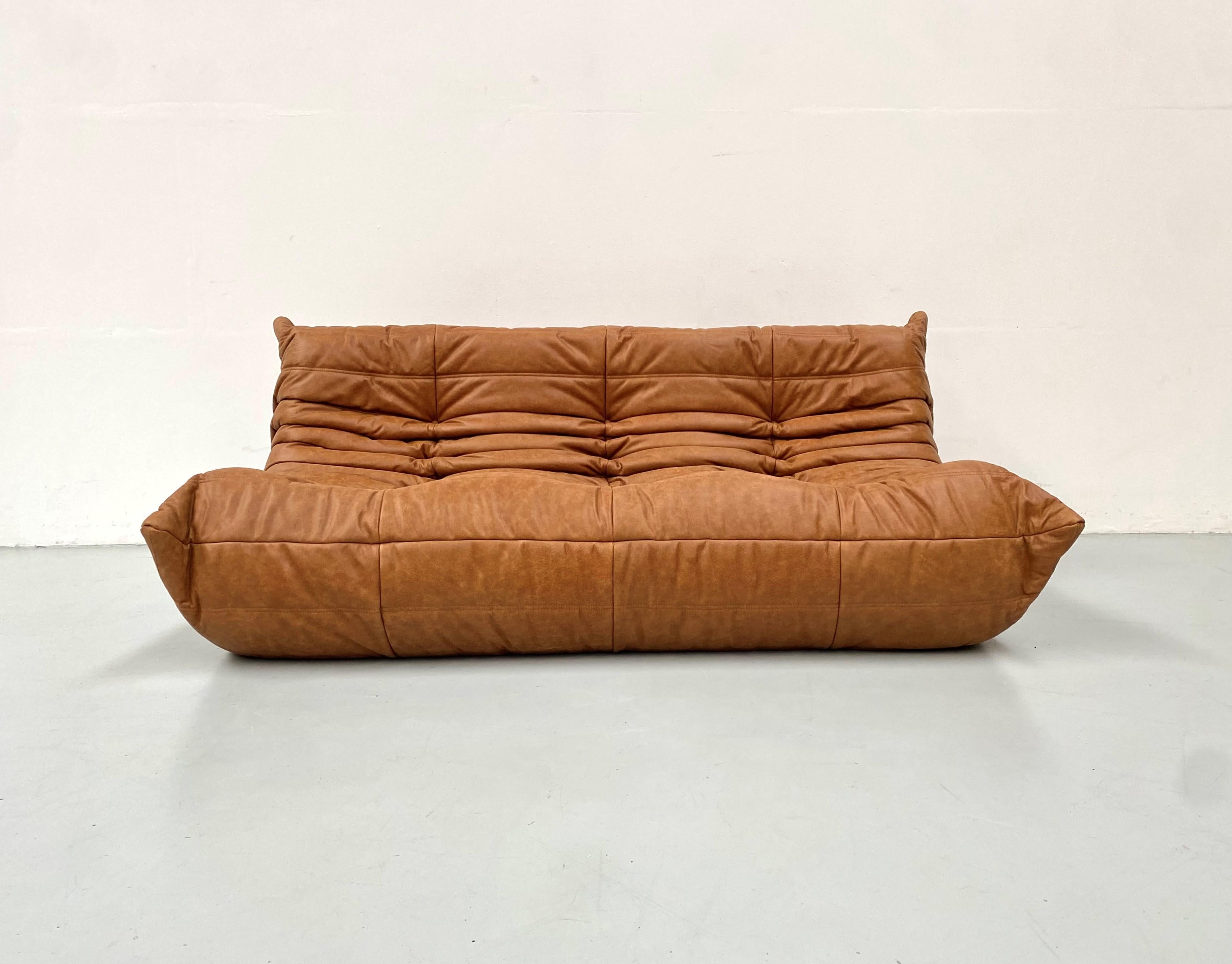 French Vintage Togo Sofa in Cognac Leather by Michel Ducaroy for Ligne