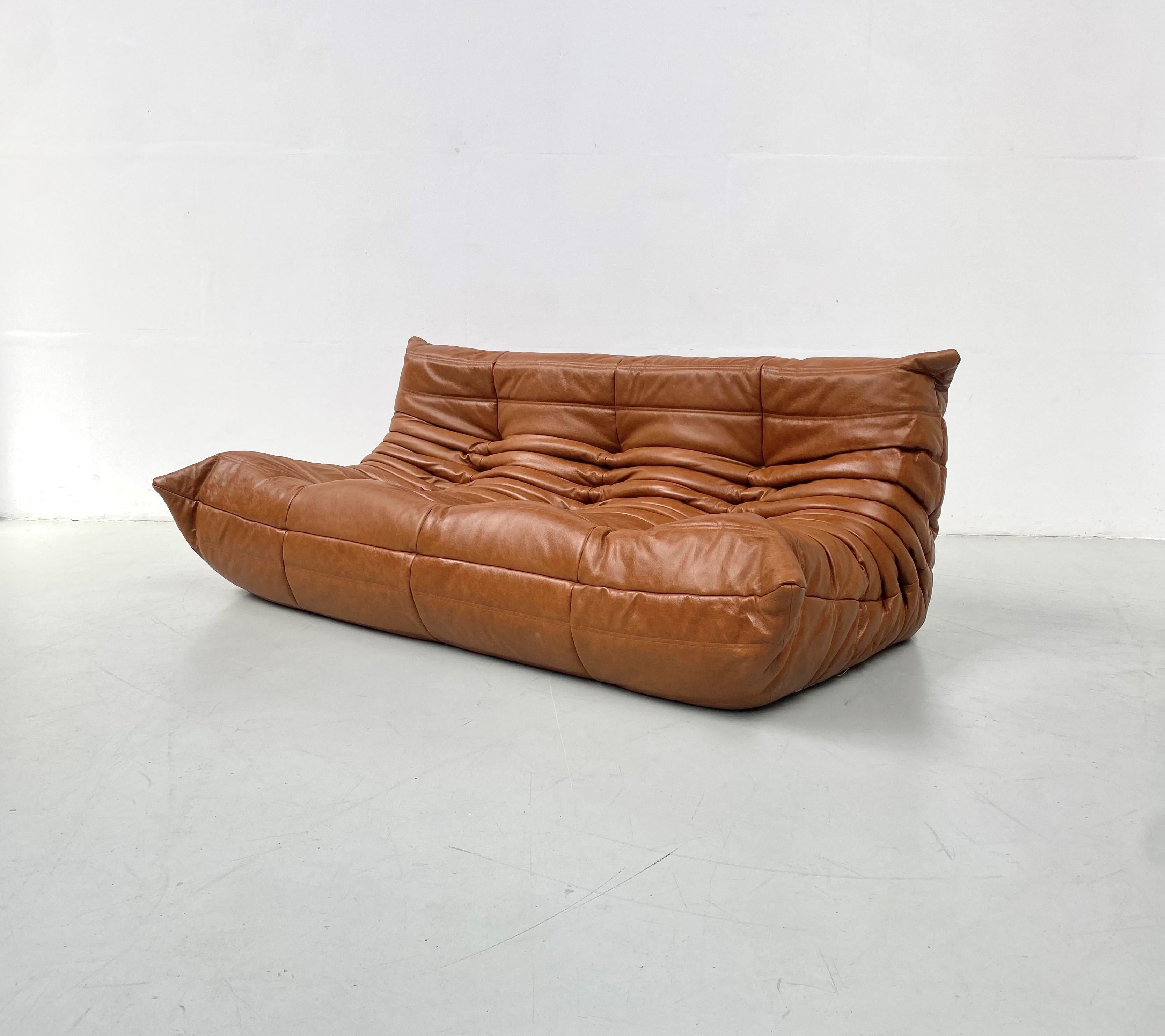 French Vintage Togo Sofa in Cognac Leather by Michel Ducaroy for Ligne Roset. In Excellent Condition In Eindhoven, Noord Brabant