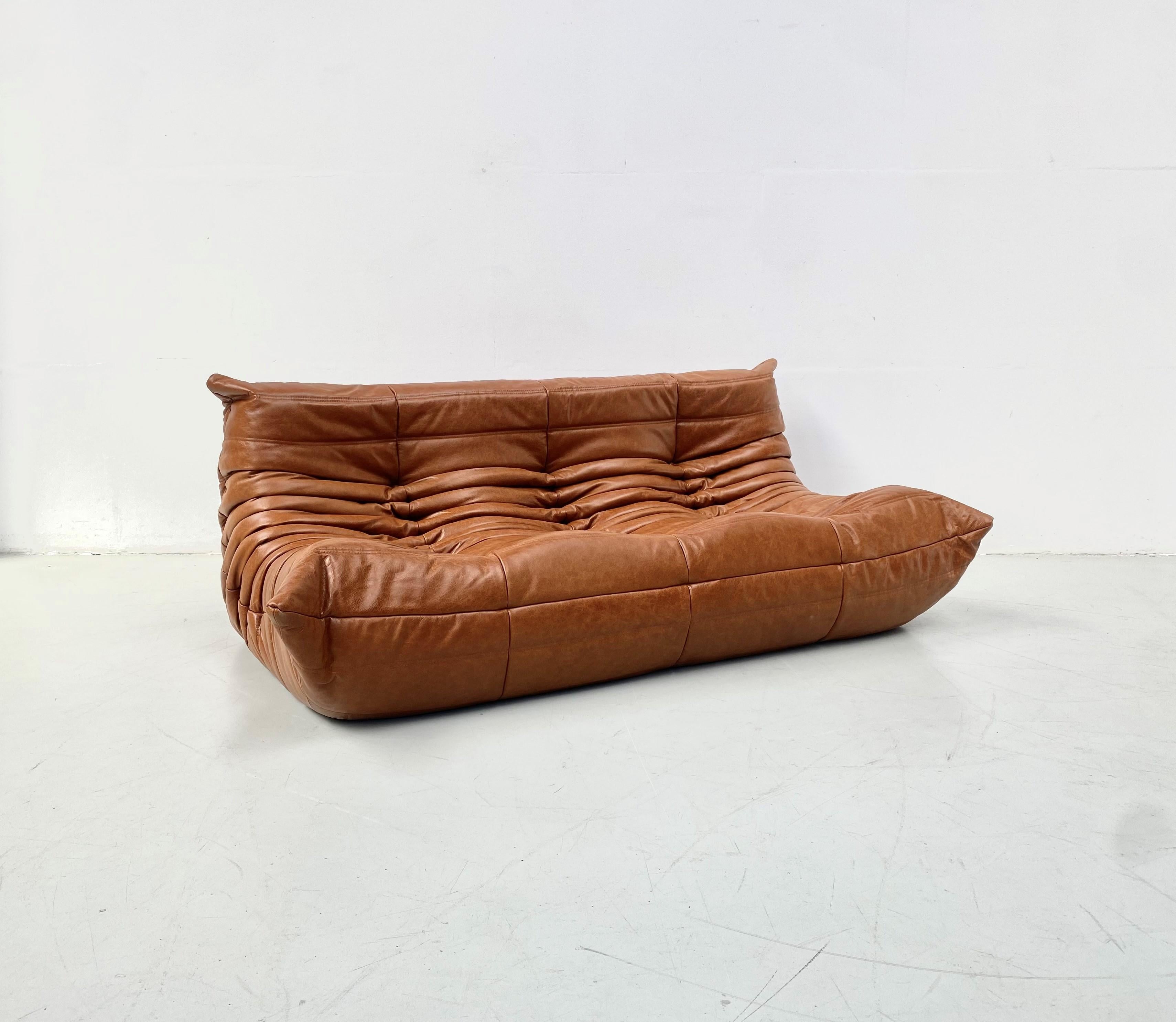 20th Century French Vintage Togo Sofa in Cognac Leather by Michel Ducaroy for Ligne Roset.