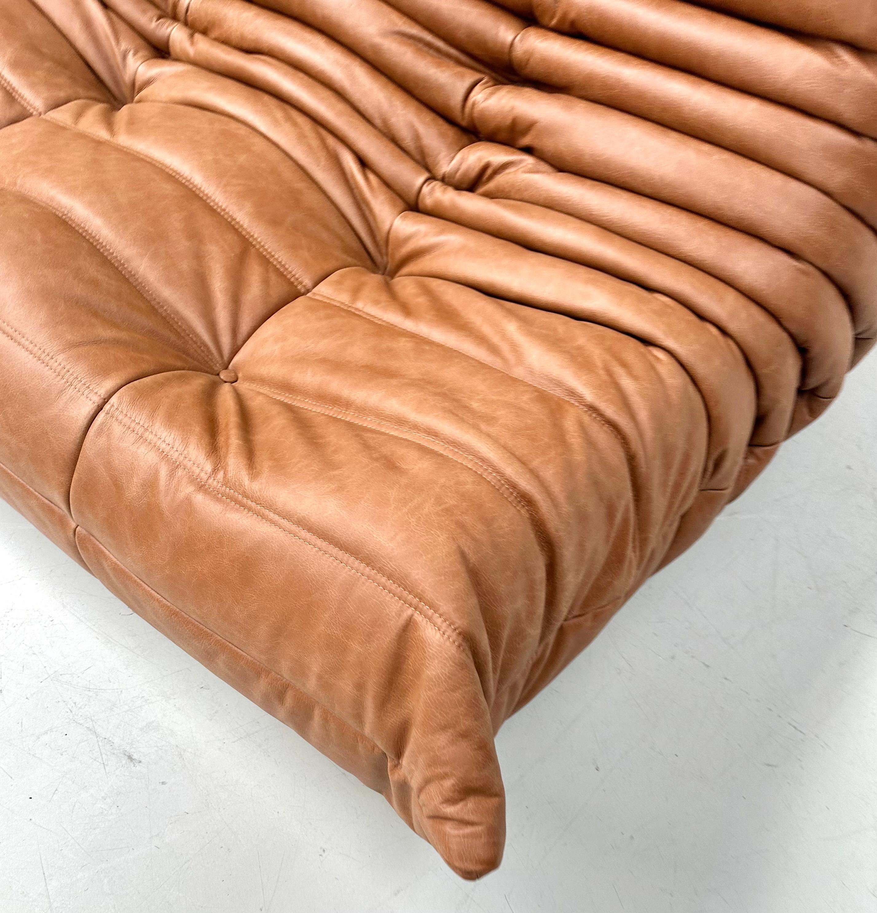 Mid-Century Modern French Togo Sofa in Cognac  Leather by Michel Ducaroy for Ligne Roset.