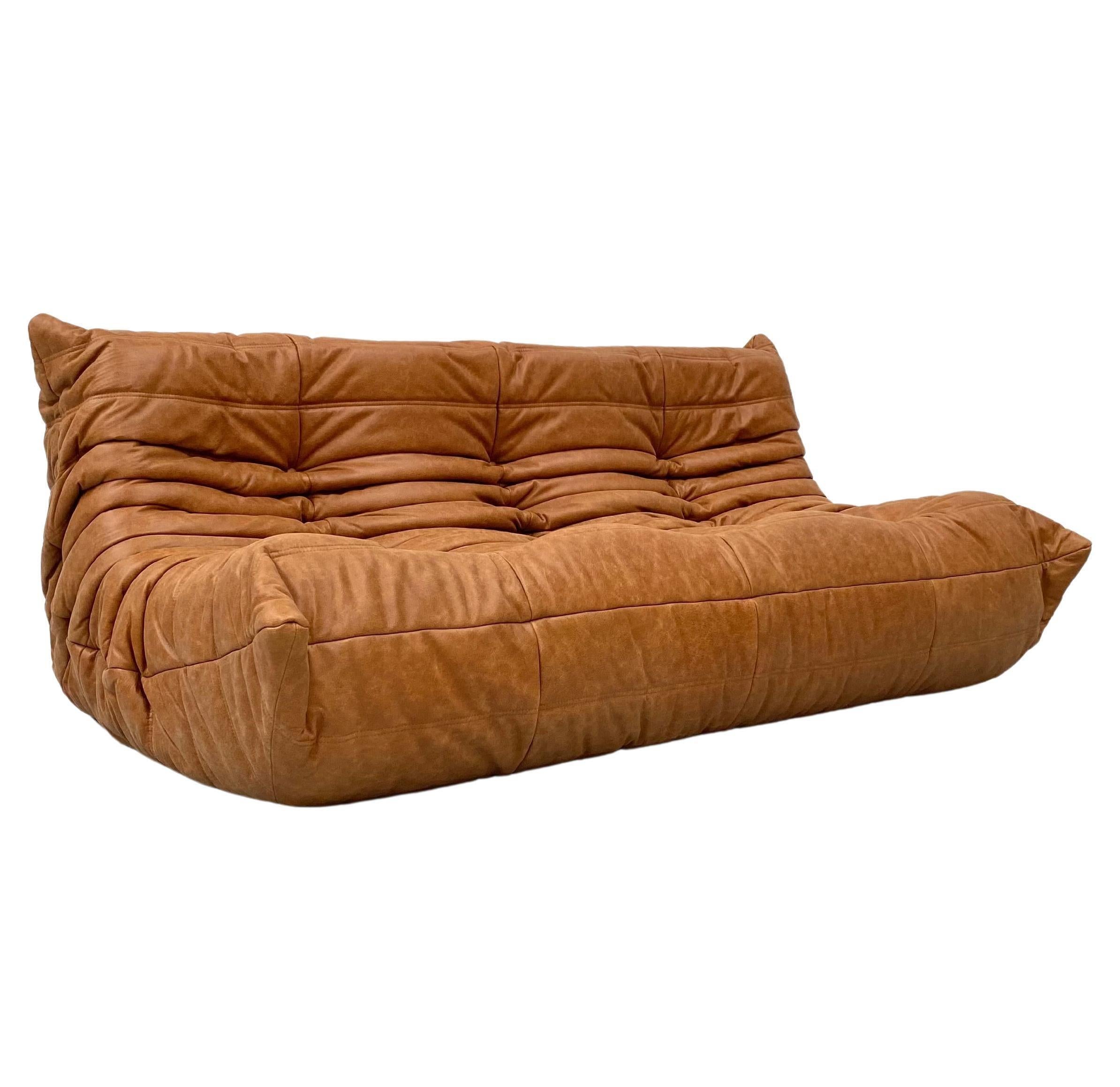 Mid-Century Modern French Vintage Togo Sofa in Cognac Leather by Michel Ducaroy for Ligne Roset
