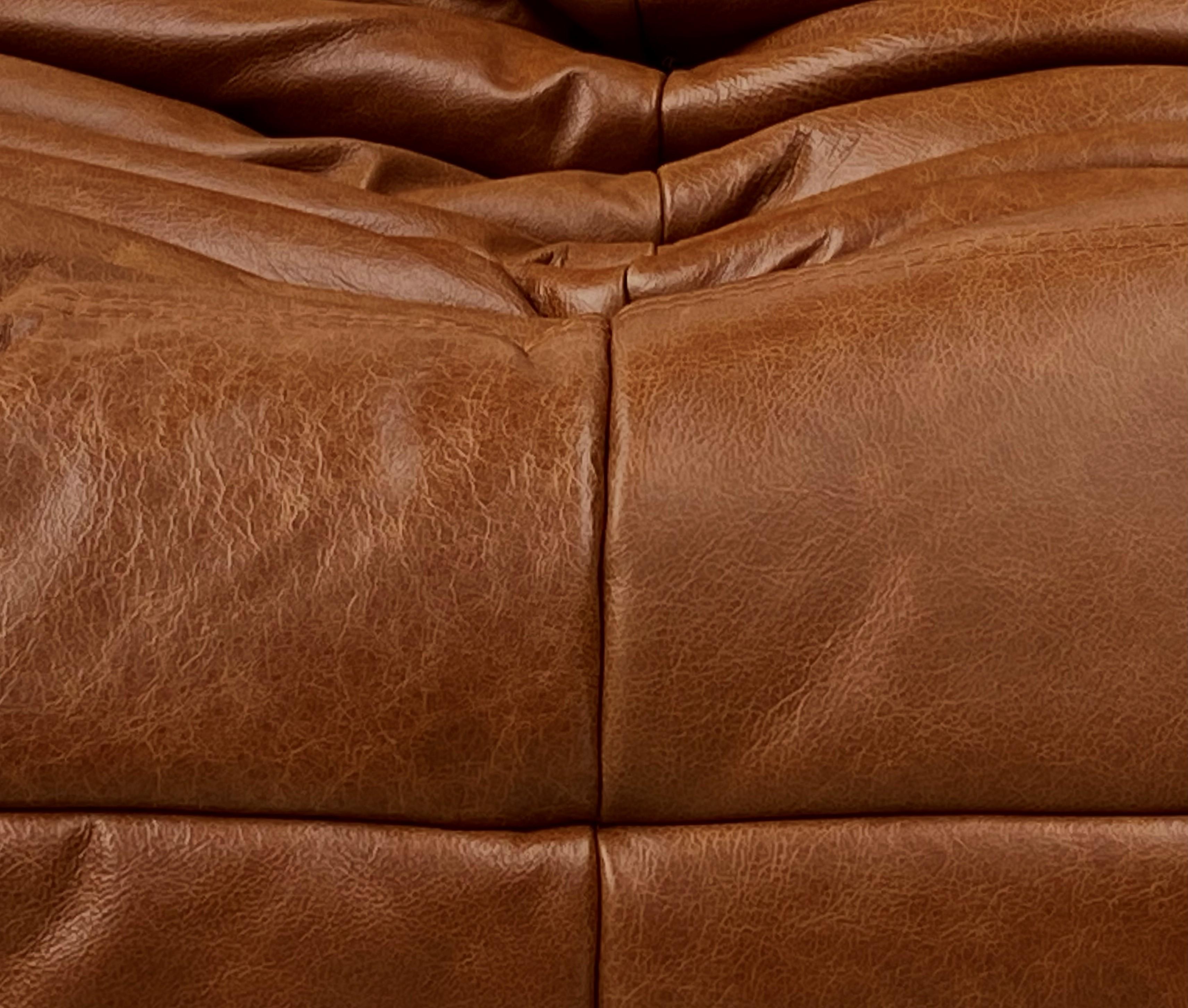 French Vintage Togo Sofa in Cognac Leather by Michel Ducaroy for Ligne Roset. 1