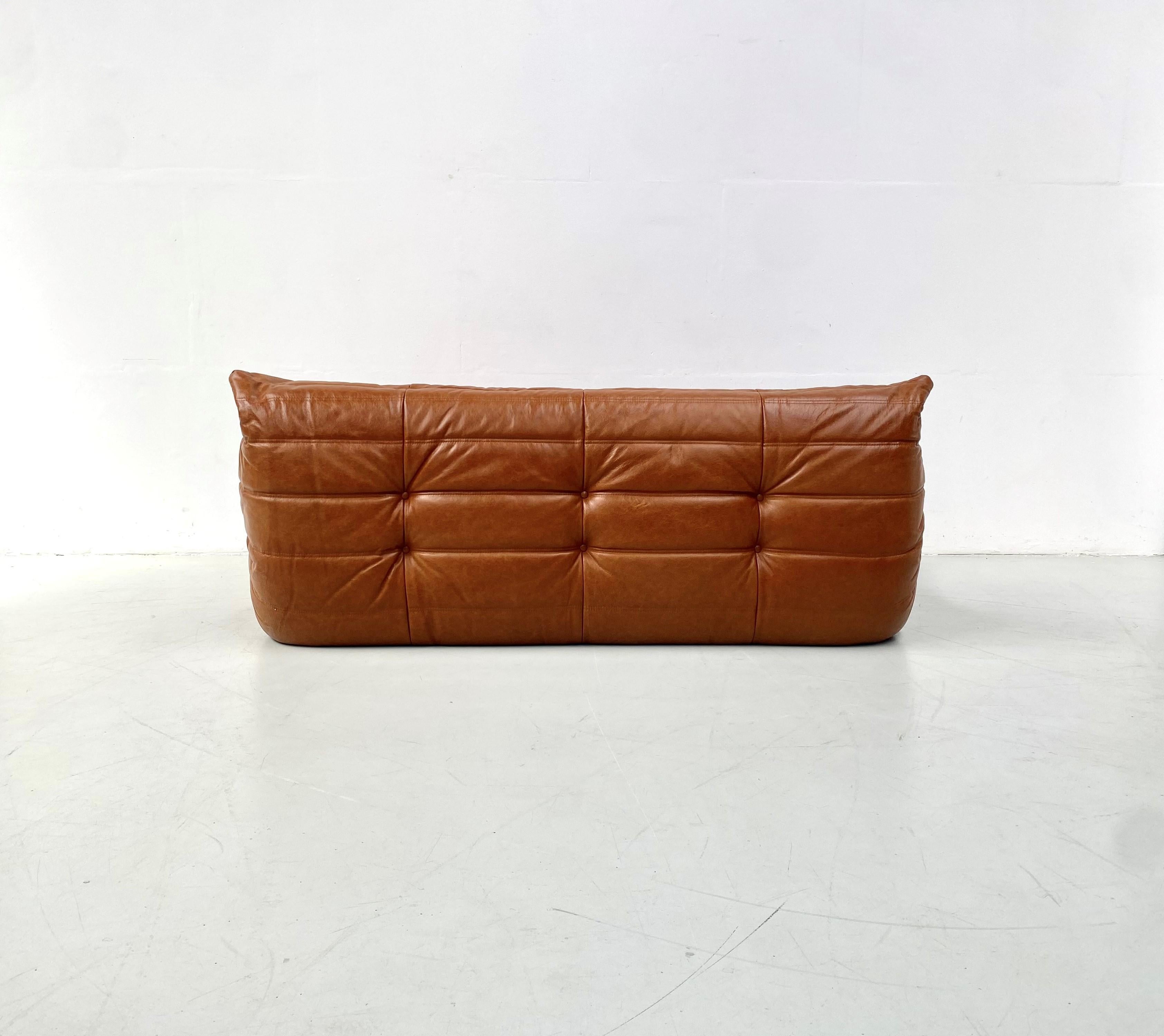 French Vintage Togo Sofa in Cognac Leather by Michel Ducaroy for Ligne Roset. 2