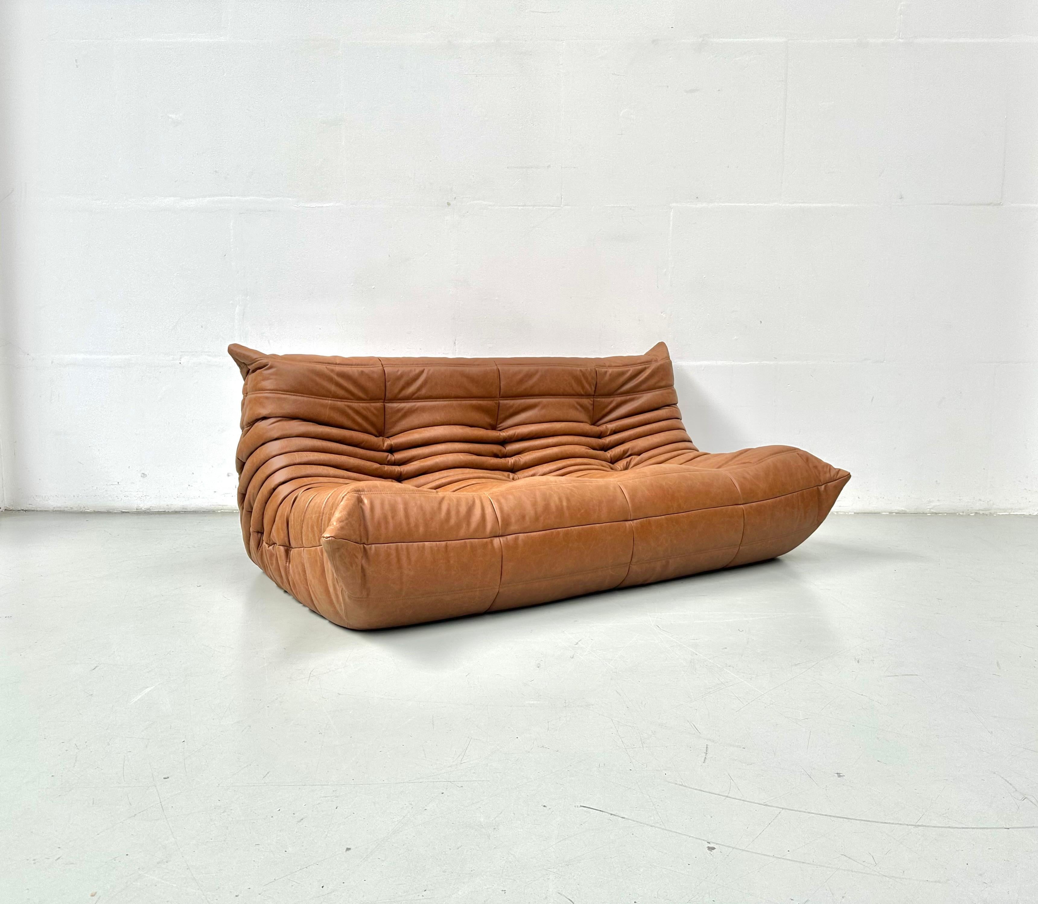 French Togo Sofa in Cognac  Leather by Michel Ducaroy for Ligne Roset. 1