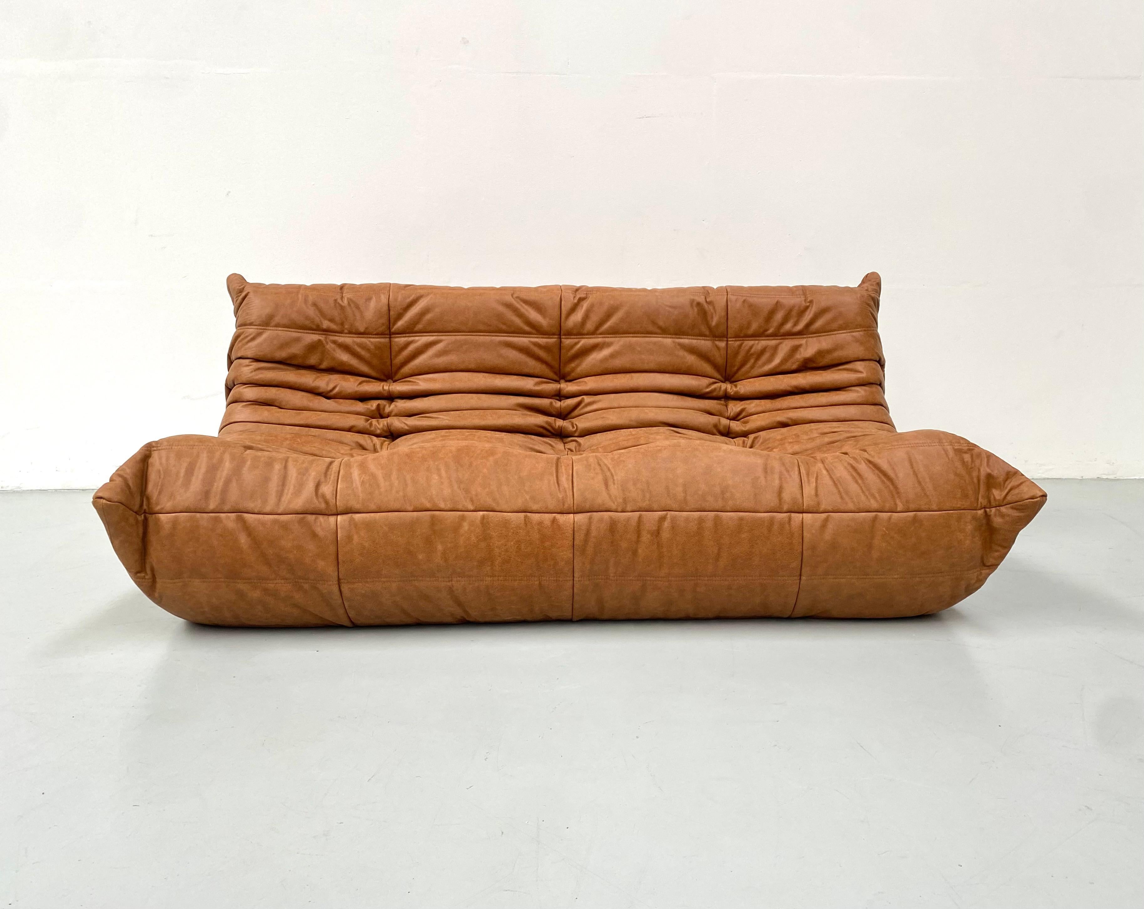 French Vintage Togo Sofa in Cognac Leather by Michel Ducaroy for Ligne Roset 3
