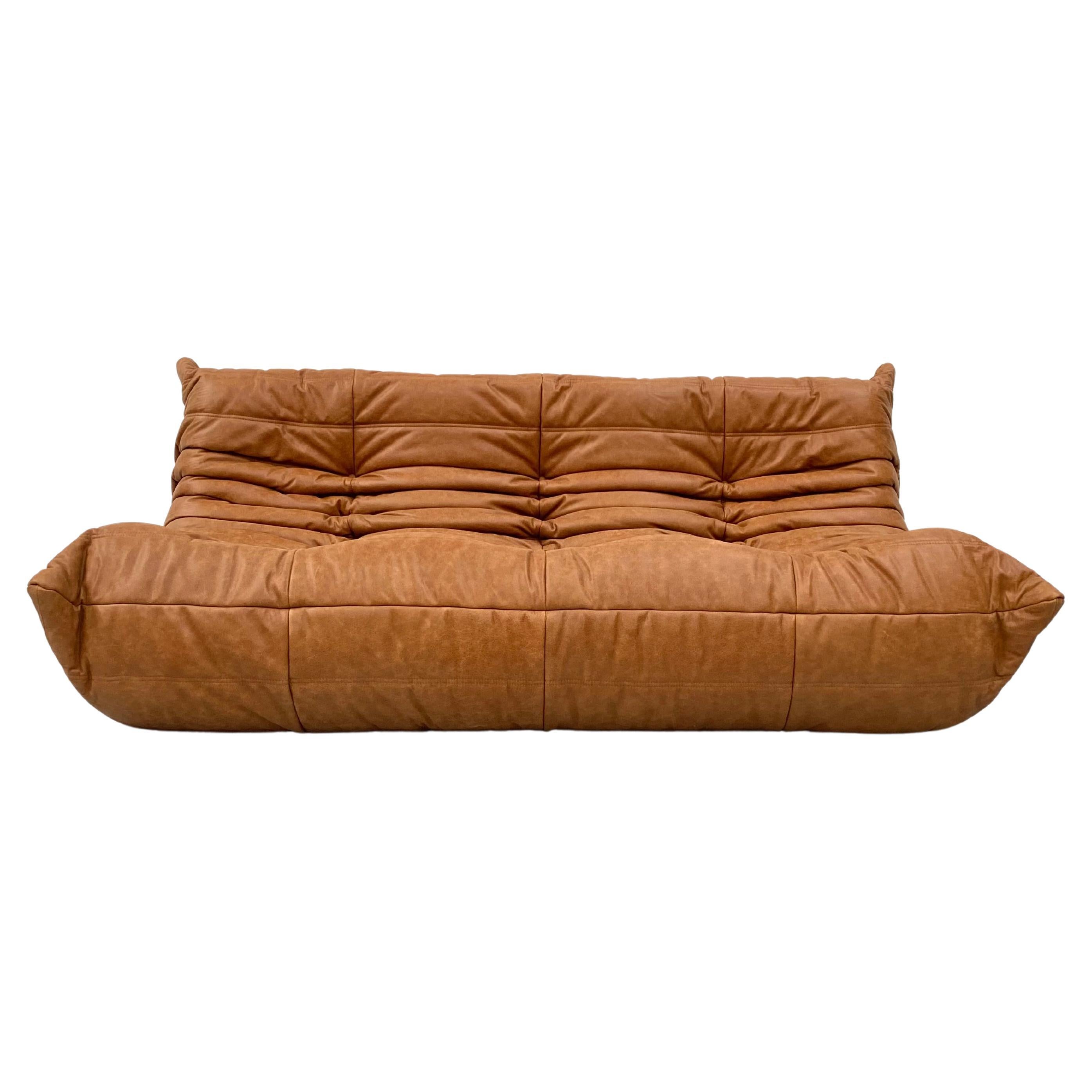 French Vintage Togo Sofa in Cognac Leather by Michel Ducaroy for Ligne Roset