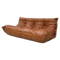 French Vintage Togo Sofa in Cognac Leather by Michel Ducaroy for Ligne Roset.