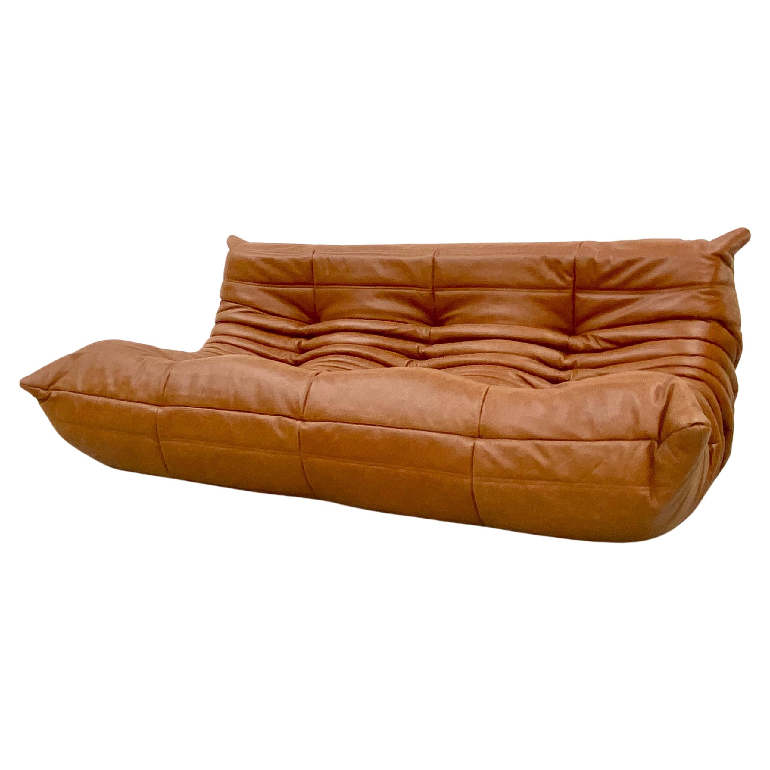 French Vintage Togo Sofa in Cognac Leather by Michel Ducaroy for Ligne