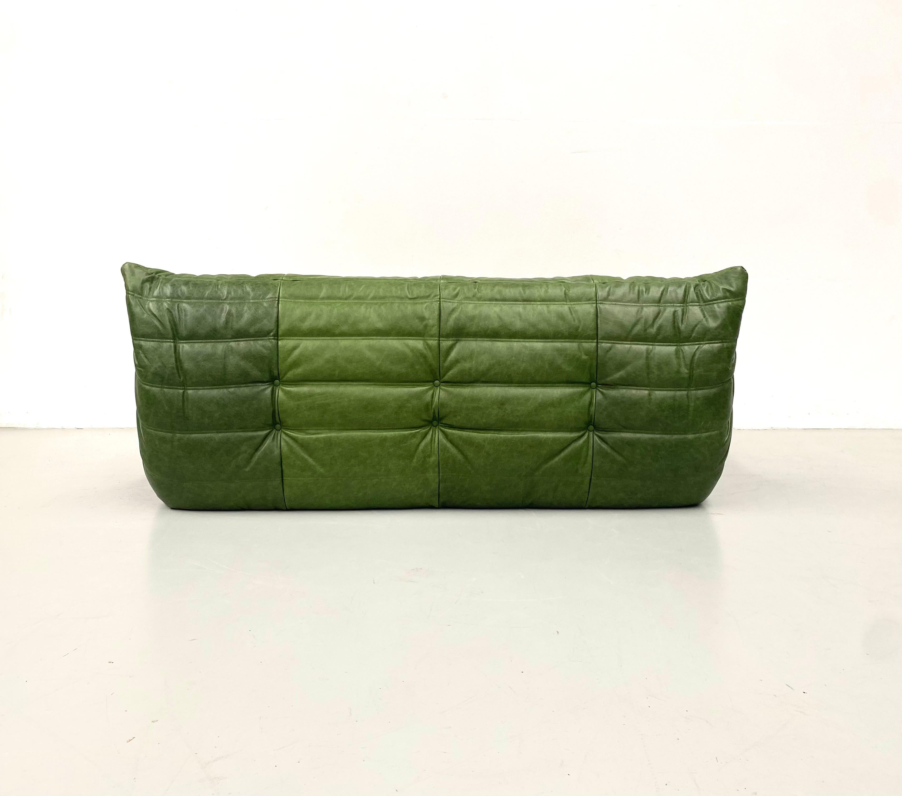 French  Togo Sofa in Green  Leather by Michel Ducaroy for Ligne Roset. For Sale 8