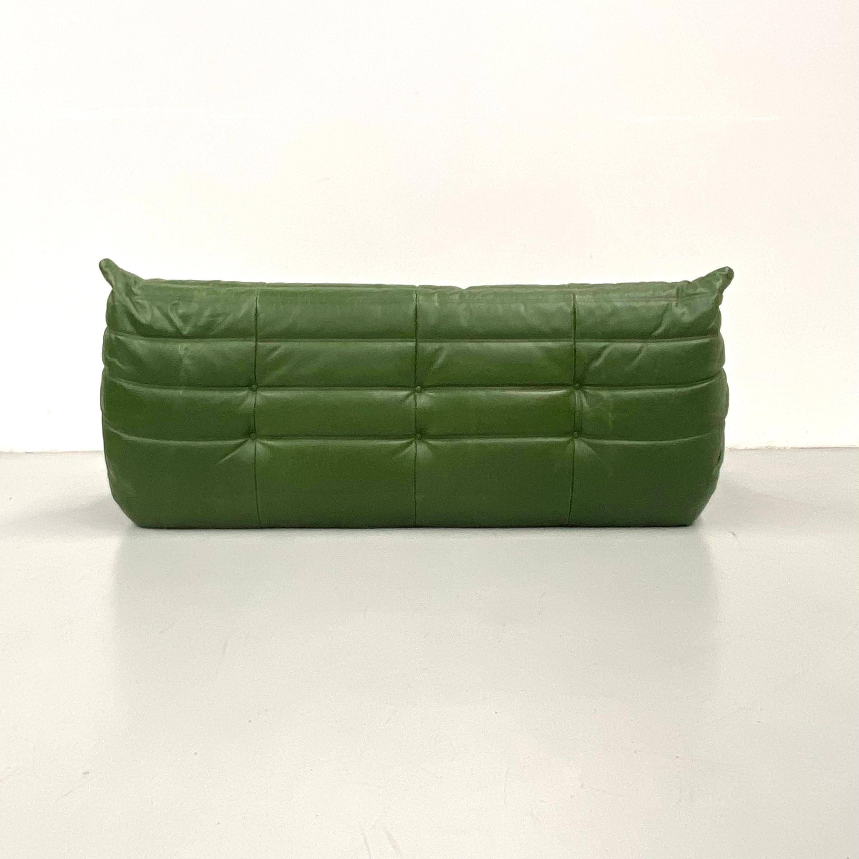 French Vintage Togo Sofa in Green  Leather by Michel Ducaroy for Ligne Roset. 9