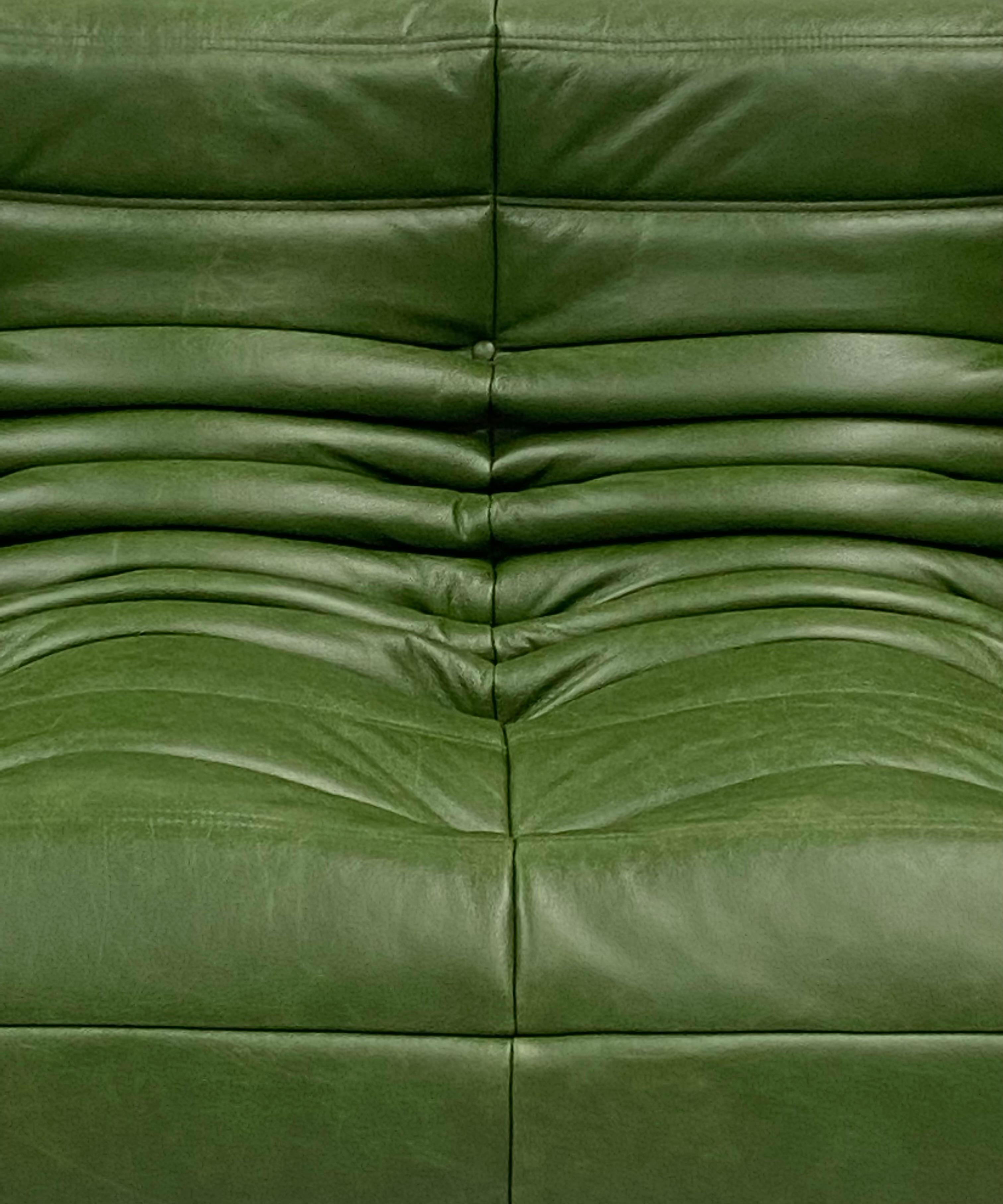 Mid-Century Modern French Vintage Togo Sofa in Green  Leather by Michel Ducaroy for Ligne Roset.
